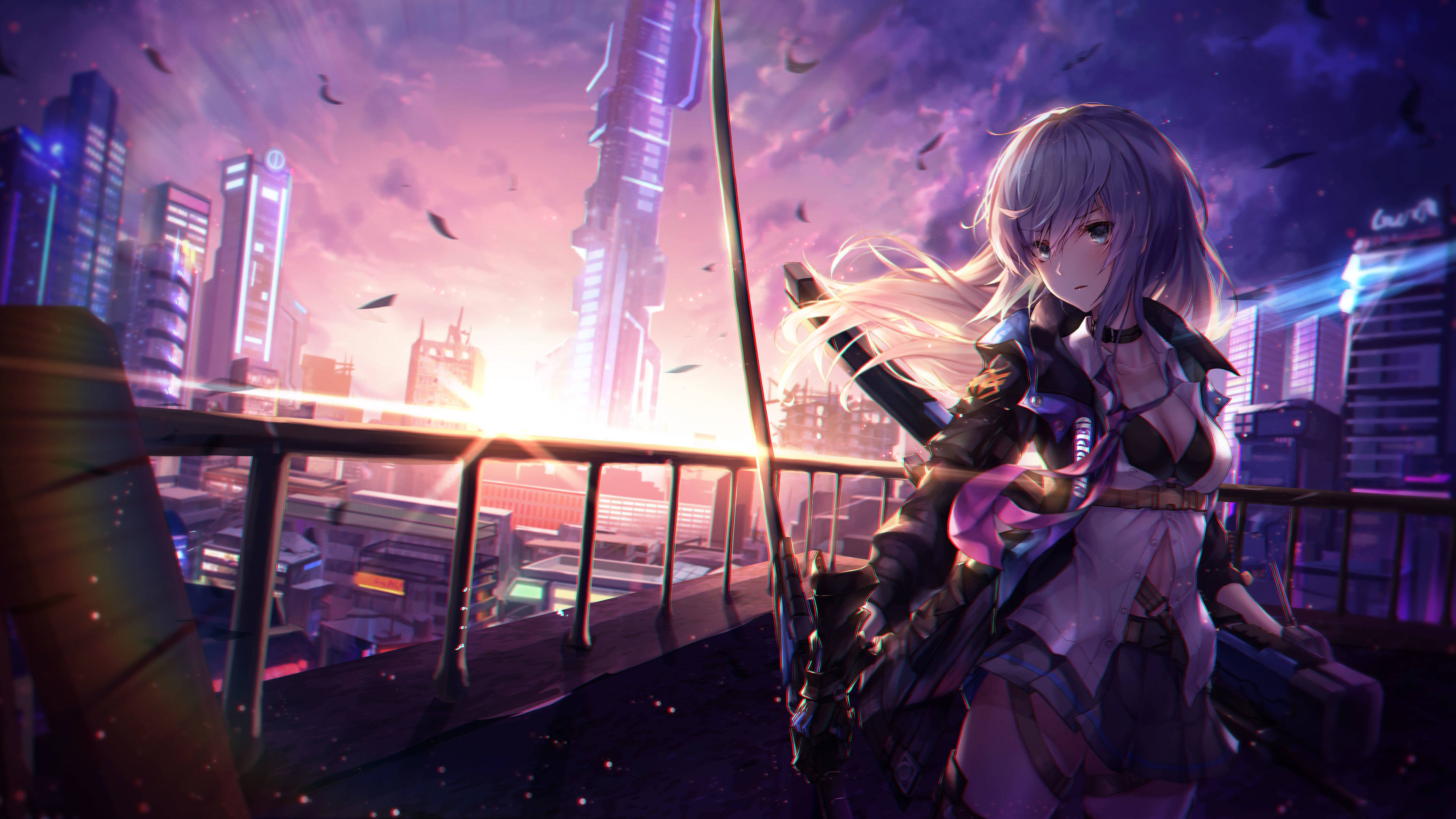 silver-haired anime girl, sword, rooftop, 4K Desktop Wallpaper