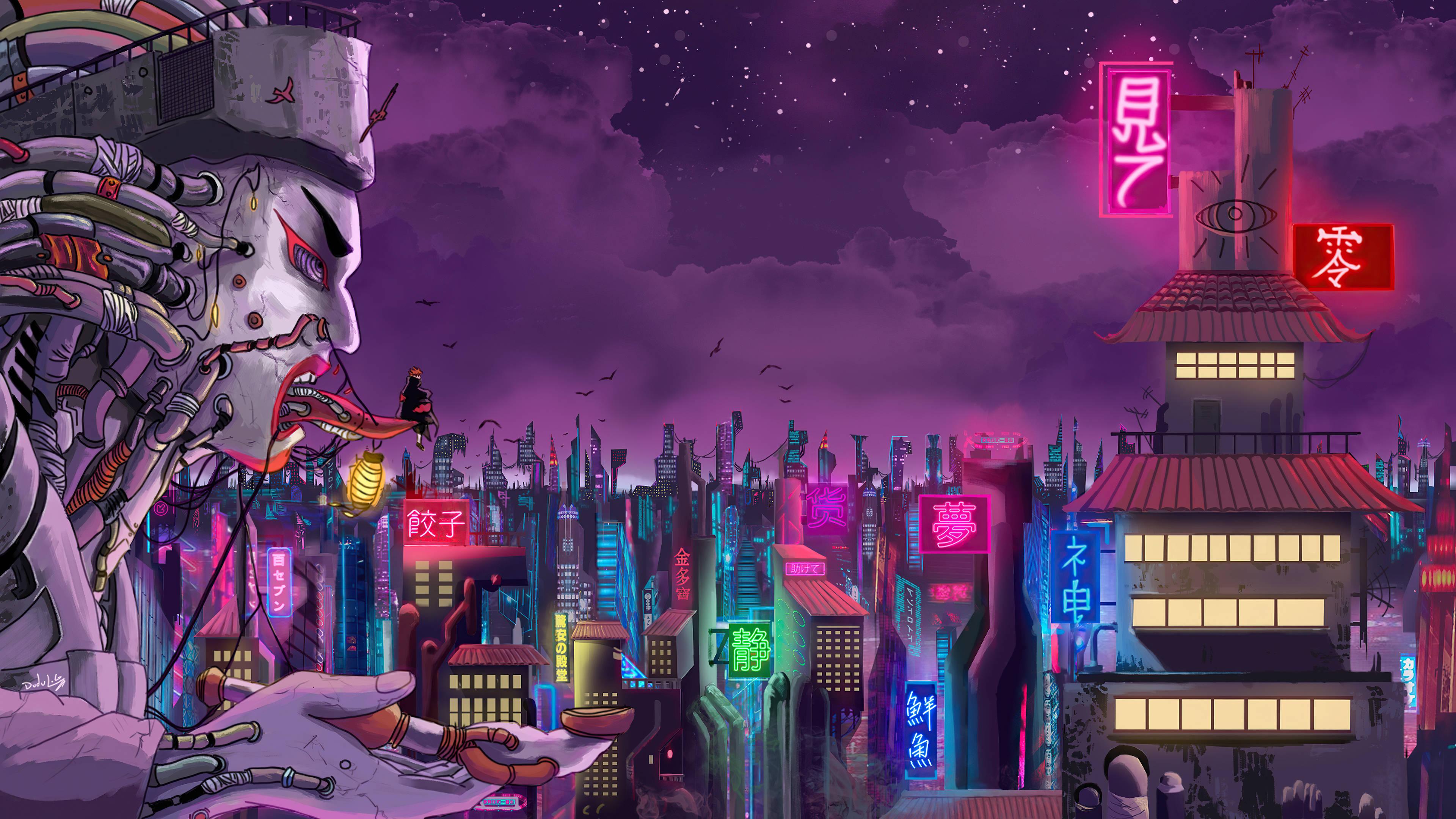 cybernetic god, neon-drenched futuristic cityscape, starry purple sky, 4K Desktop Wallpaper