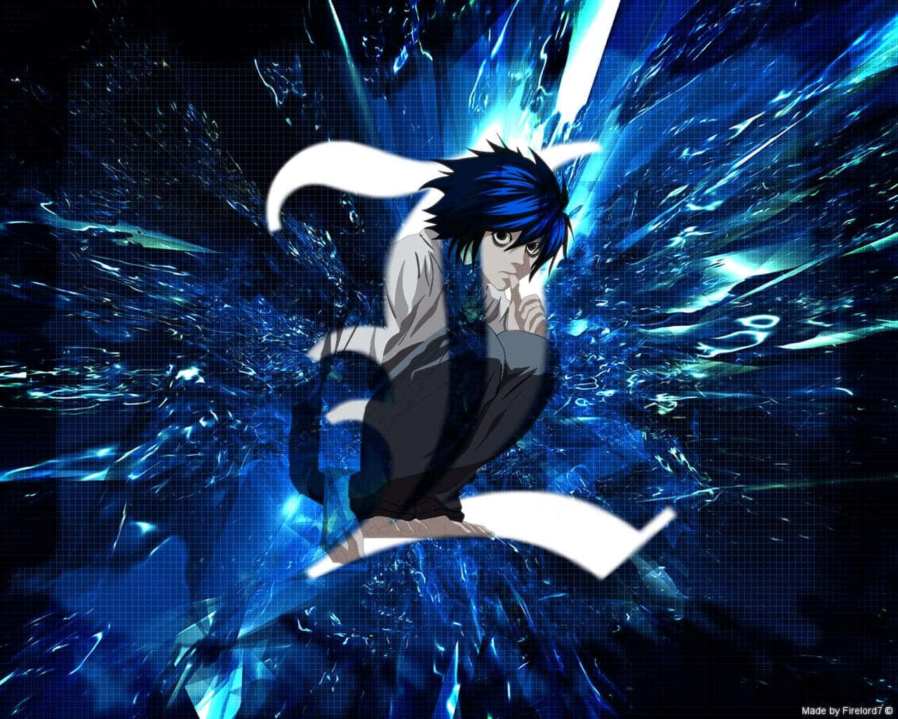 blue hair, blue energy shards, dark grid background, HD Desktop Wallpaper