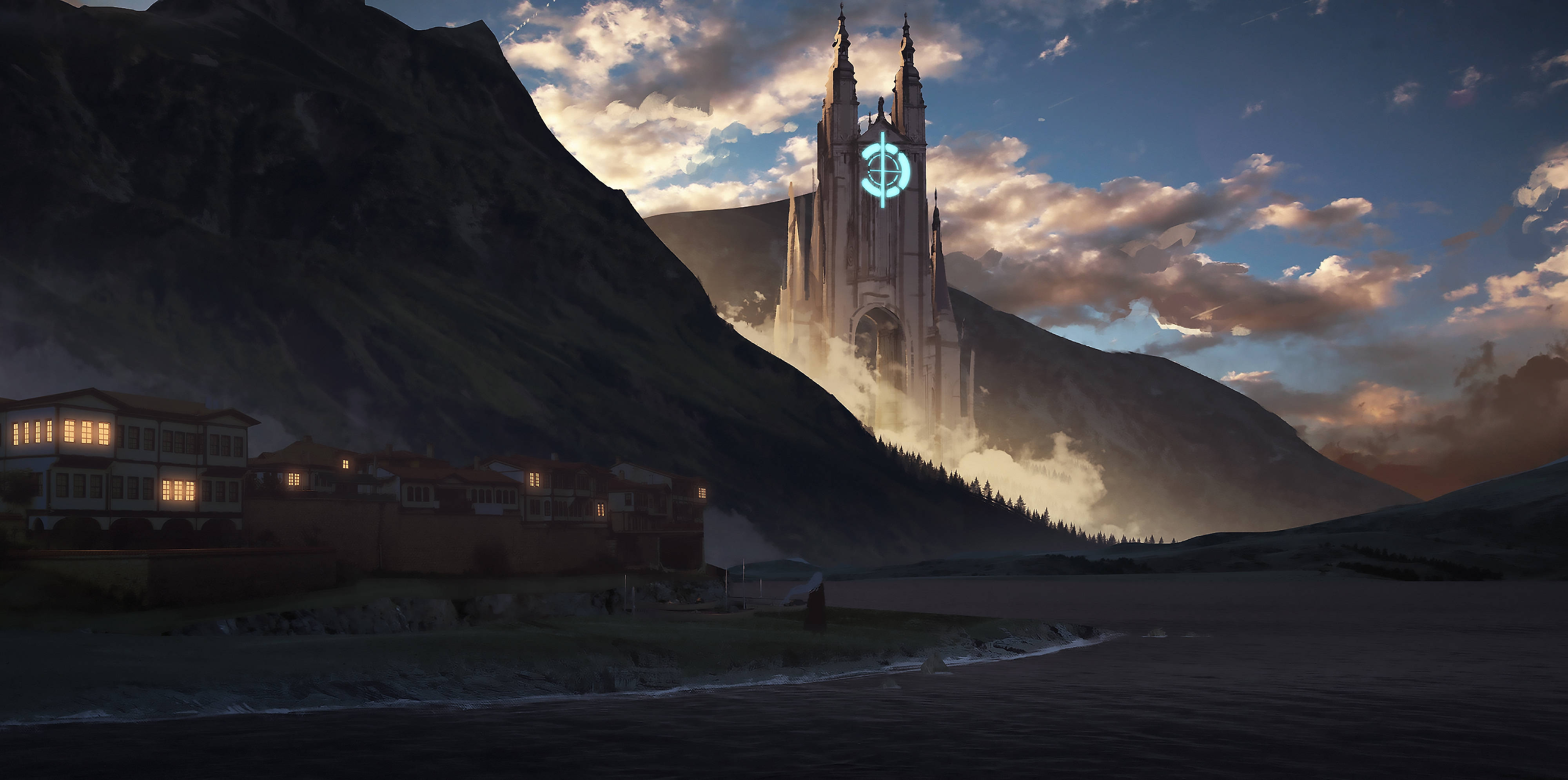 futuristic cathedral, misty mountains, twilight, 4K Desktop Wallpaper