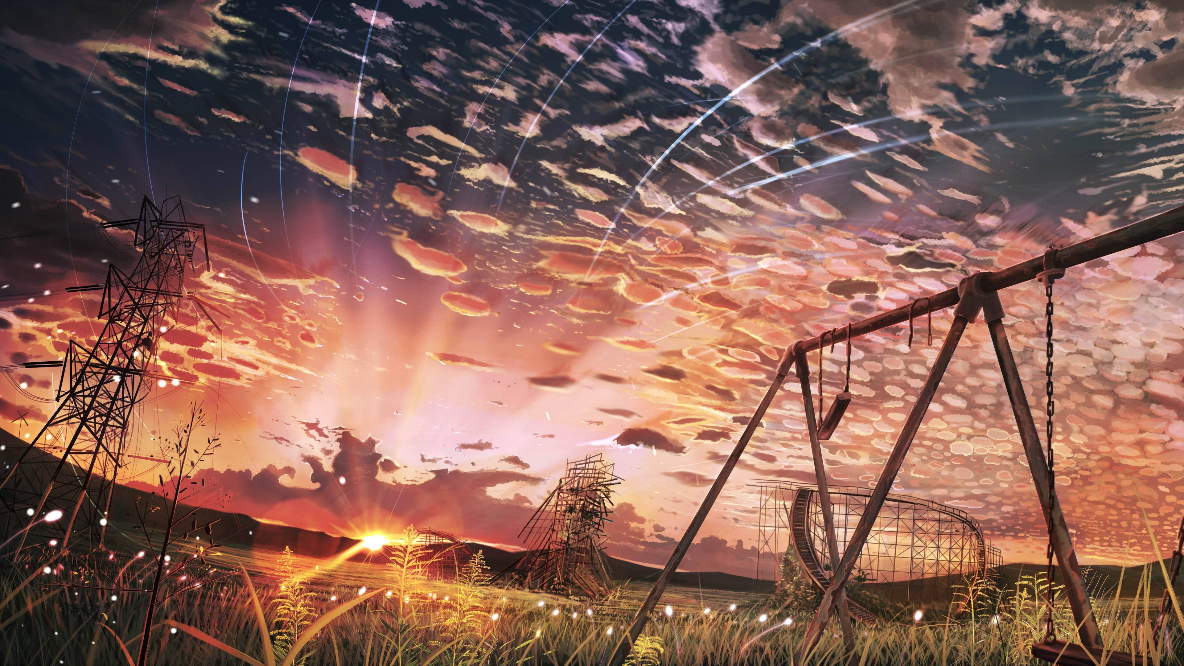 rusted swing set, field at sunset, power lines, 4K Desktop Wallpaper
