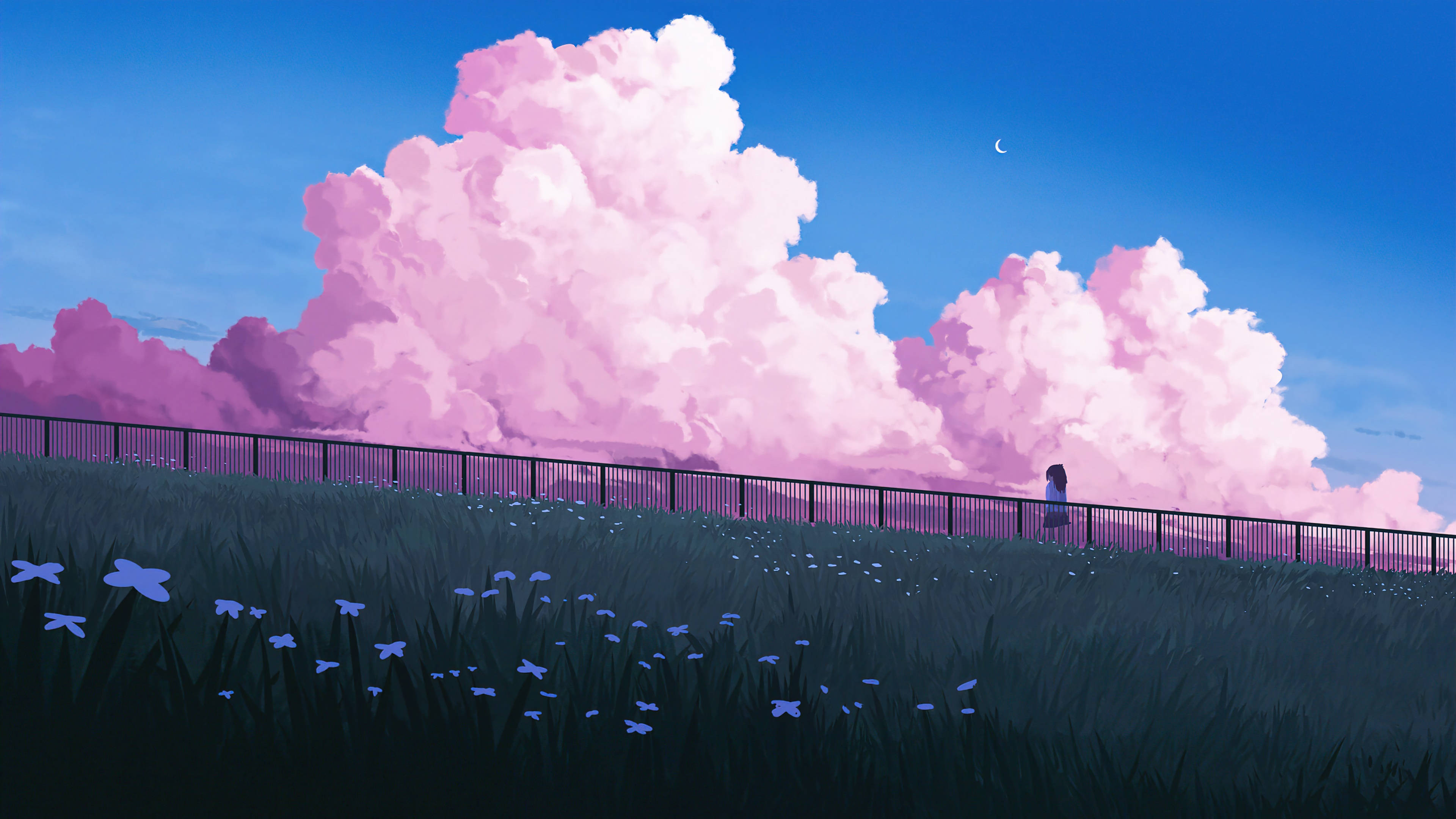 Anime Scenery 4K, fluffy clouds, blue flowers, 4K Desktop Wallpaper