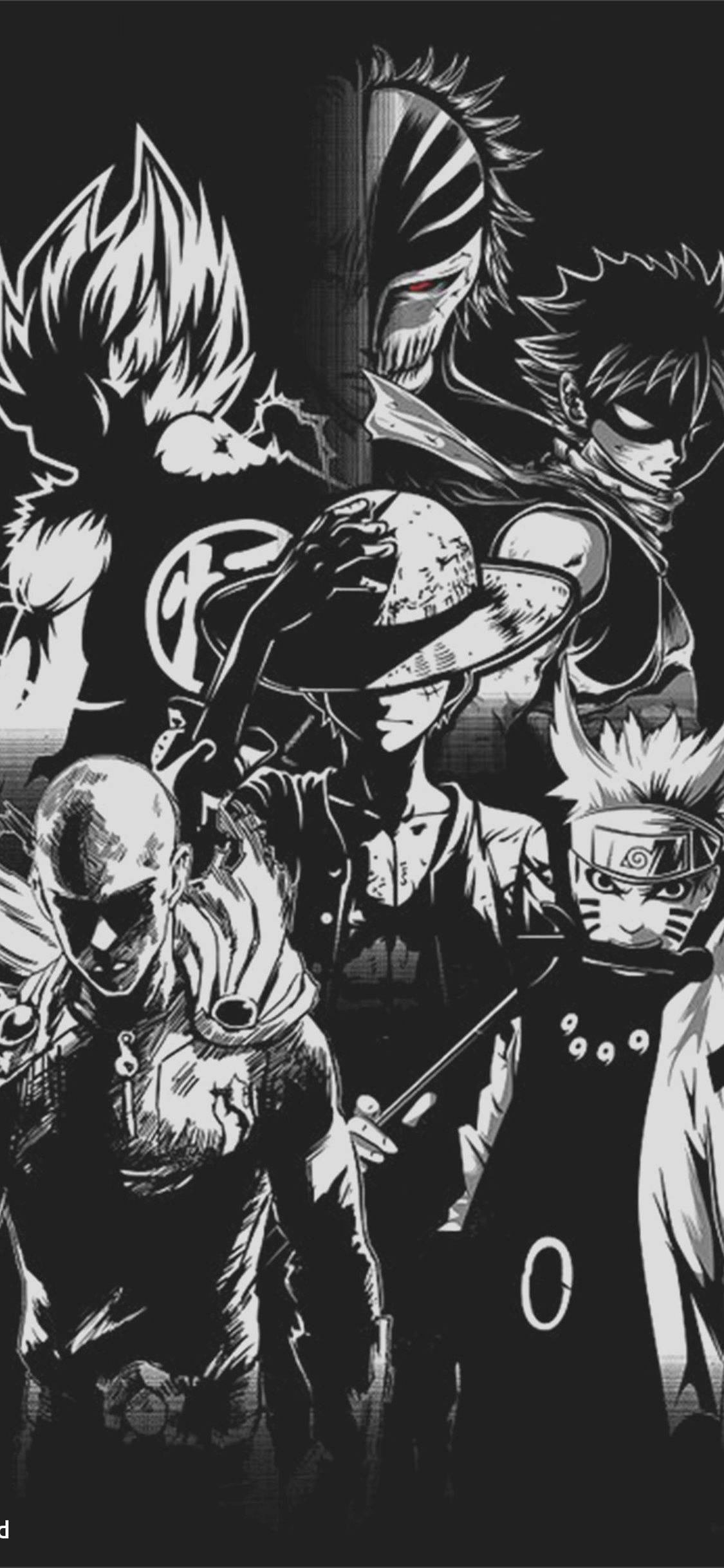 4K Manga, black and white anime illustration, five iconic characters, Full HD Phone Wallpaper