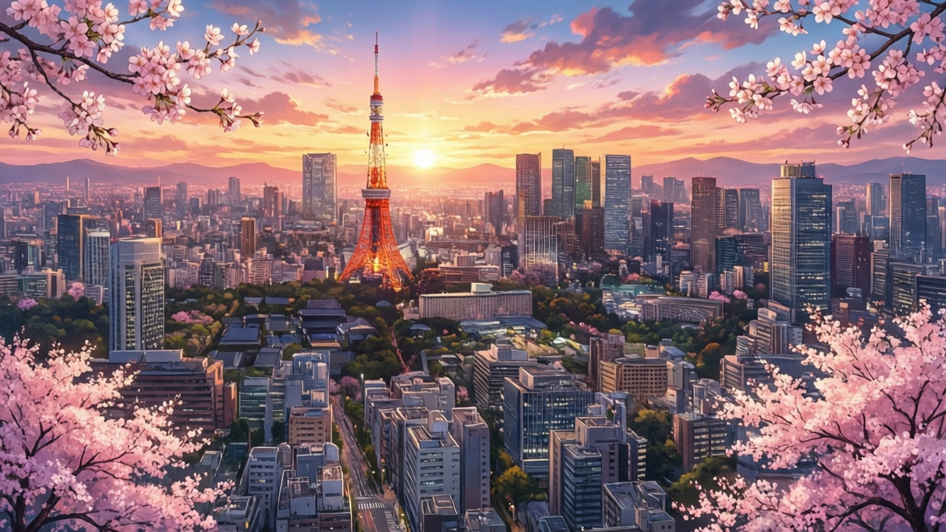 Tokyo skyline, sunset, cherry blossoms, Full HD Desktop Wallpaper