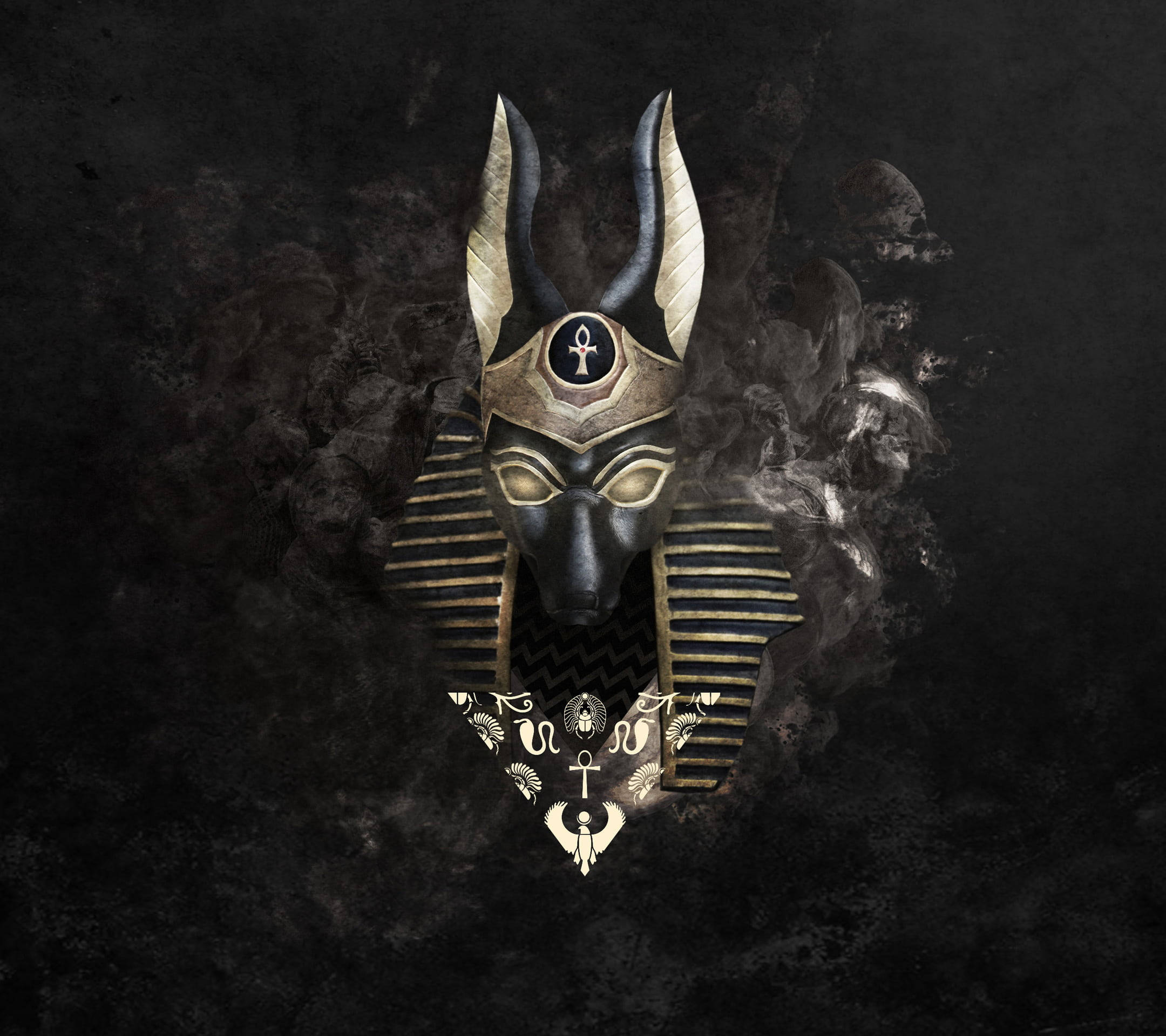 Anubis, golden horns, hieroglyphs, Full HD Desktop Wallpaper