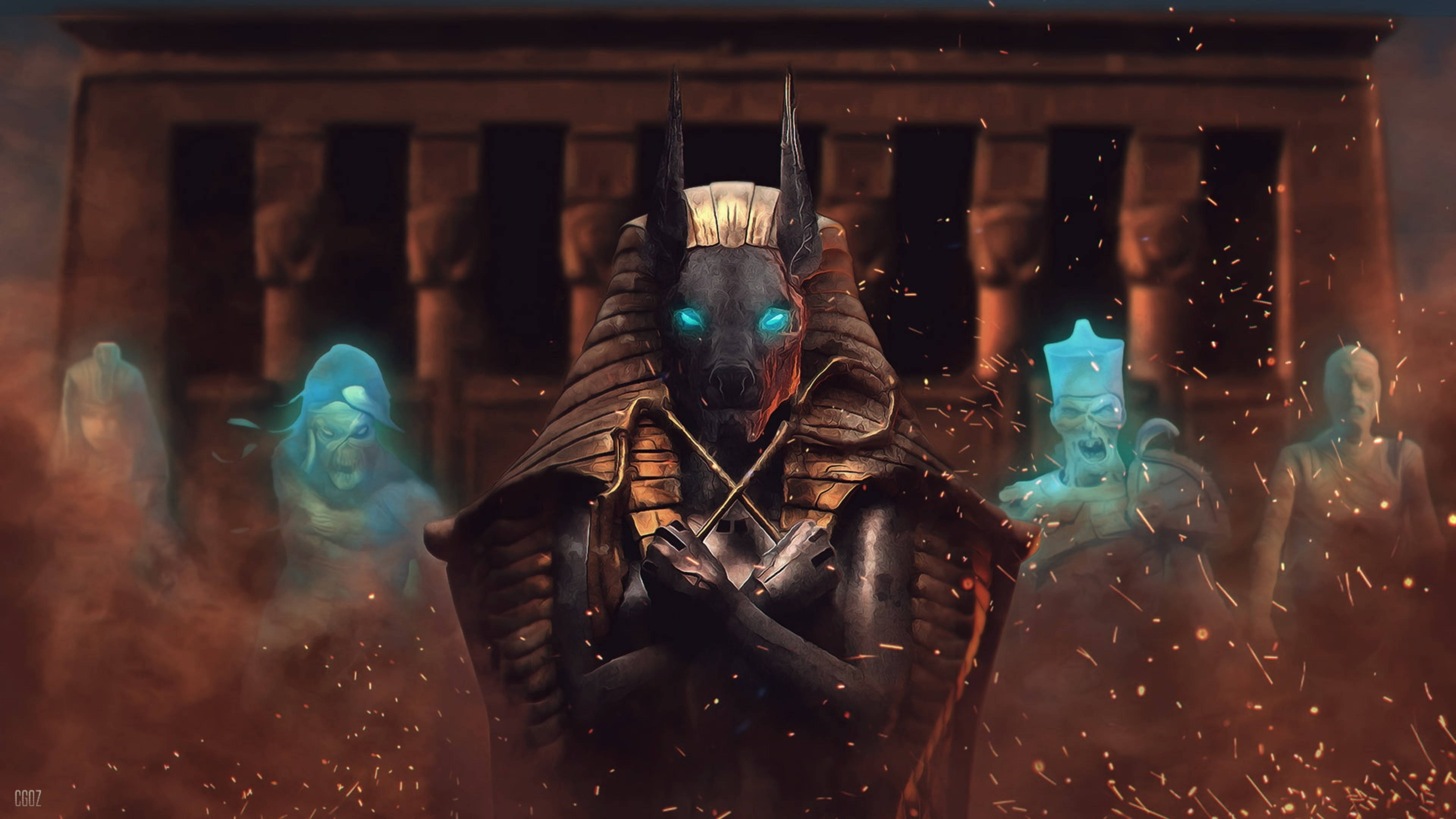4K Anubis, glowing blue eyes, ancient Egyptian temple, 4K Desktop Wallpaper
