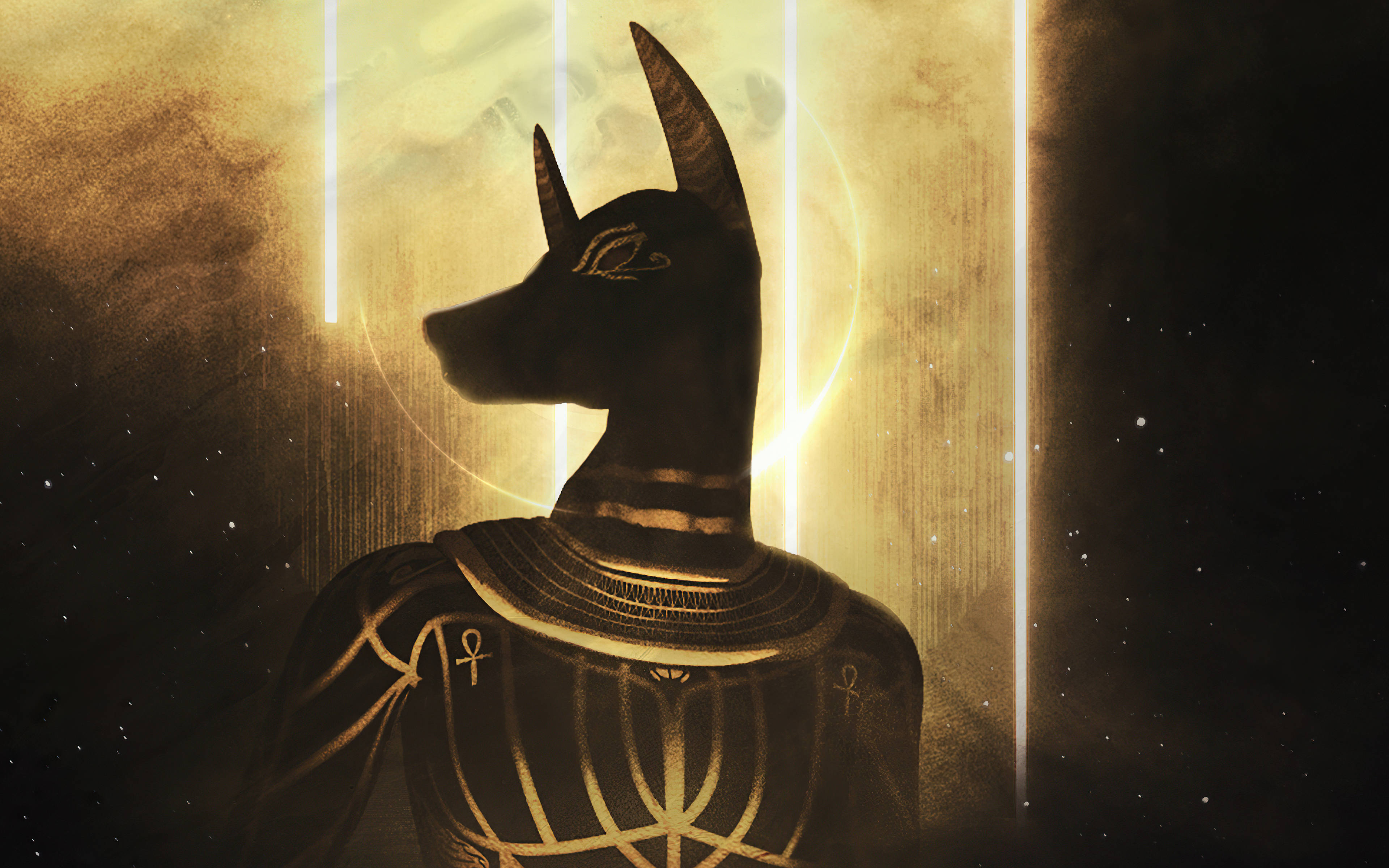 4K Anubis, gold accent, golden hieroglyphs, 4K Desktop Wallpaper