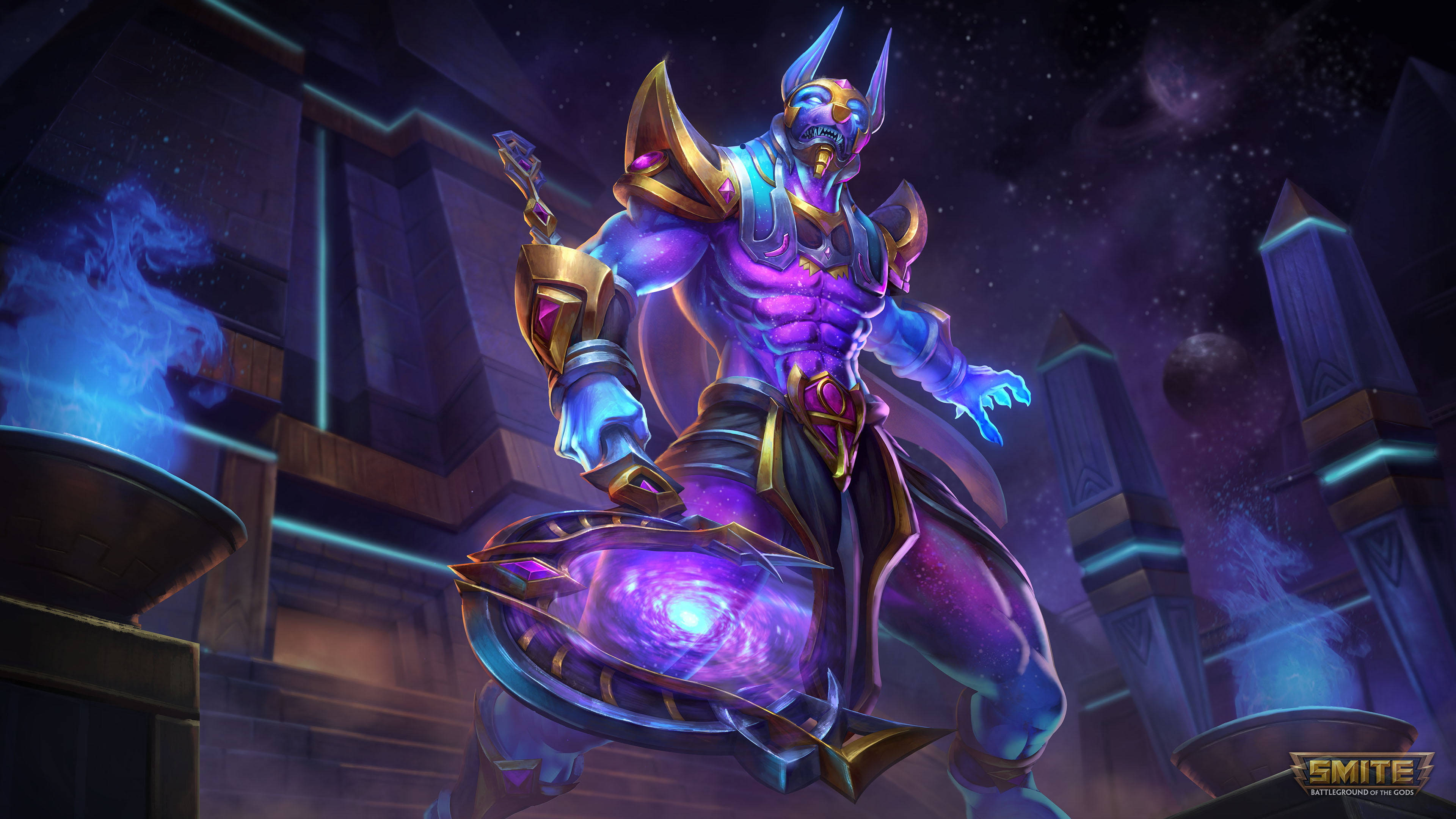 Anubis, glowing galaxy color, purple-skinned, 4K Desktop Wallpaper