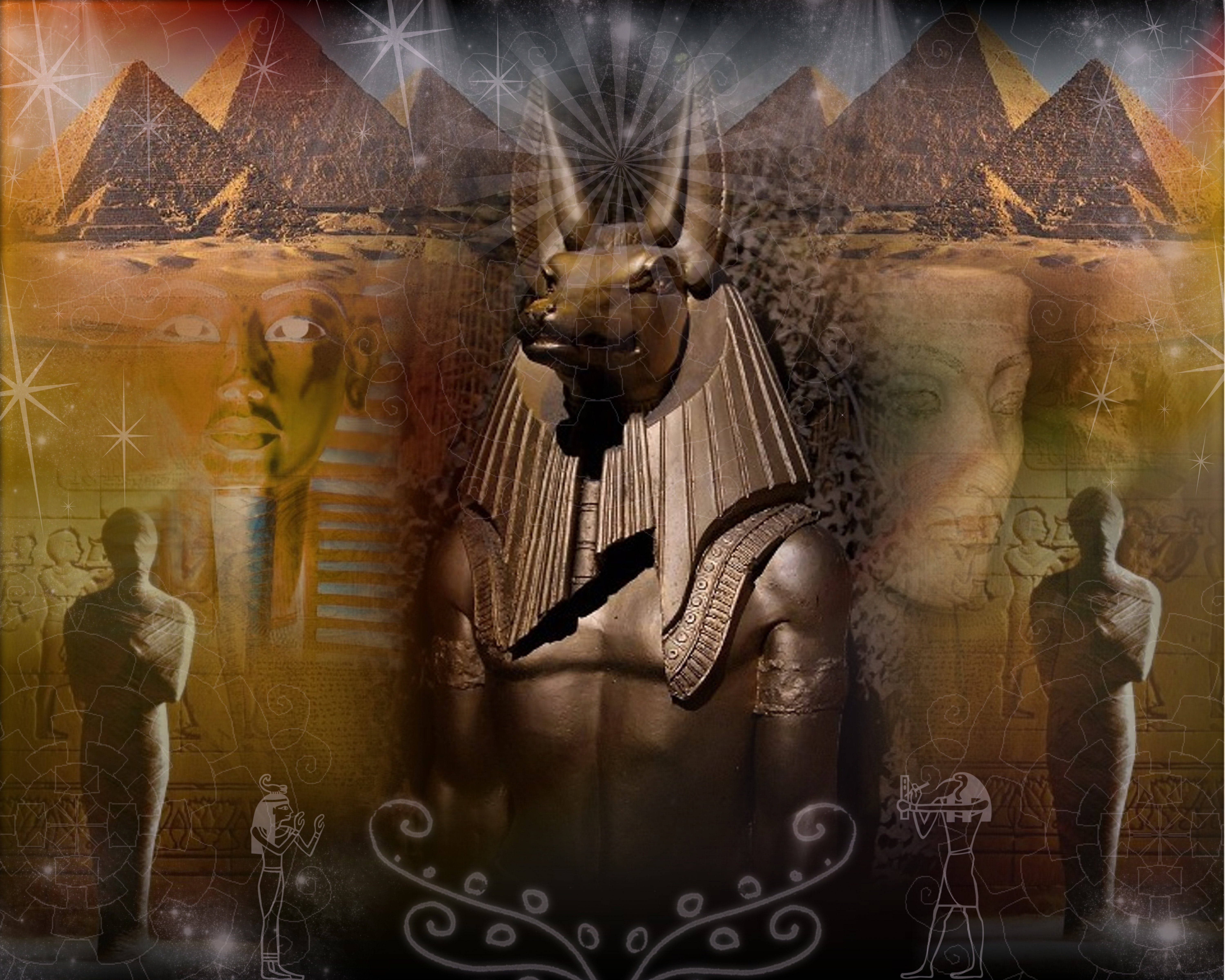 Anubis, pyramids, glowing stars, 5K Desktop Wallpaper