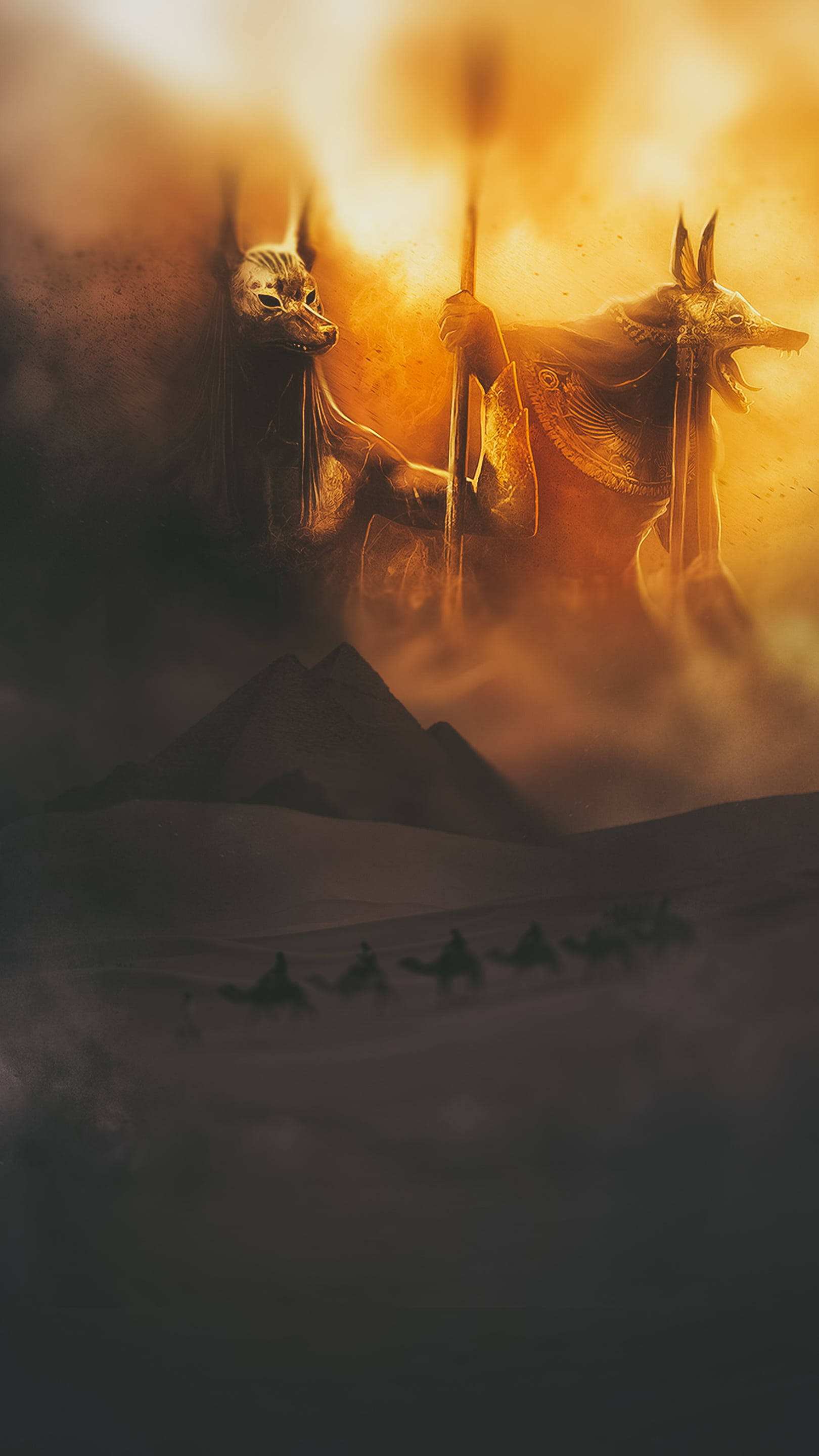 Anubis, jackal-headed deities, golden chariot, 2K Phone Wallpaper