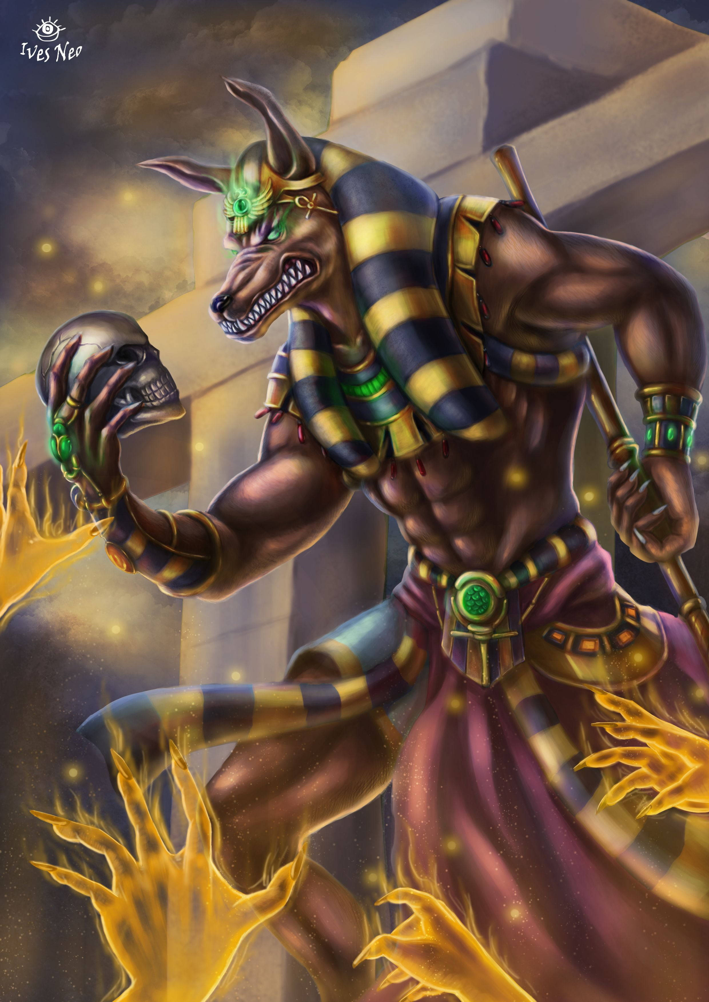 Anubis, jackal-headed god, skull, 2K Phone Wallpaper