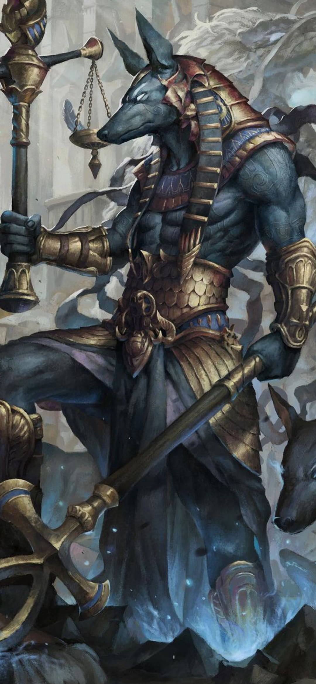 Anubis, blue-skinned jackal-headed god, ornate golden armor, Full HD Phone Wallpaper