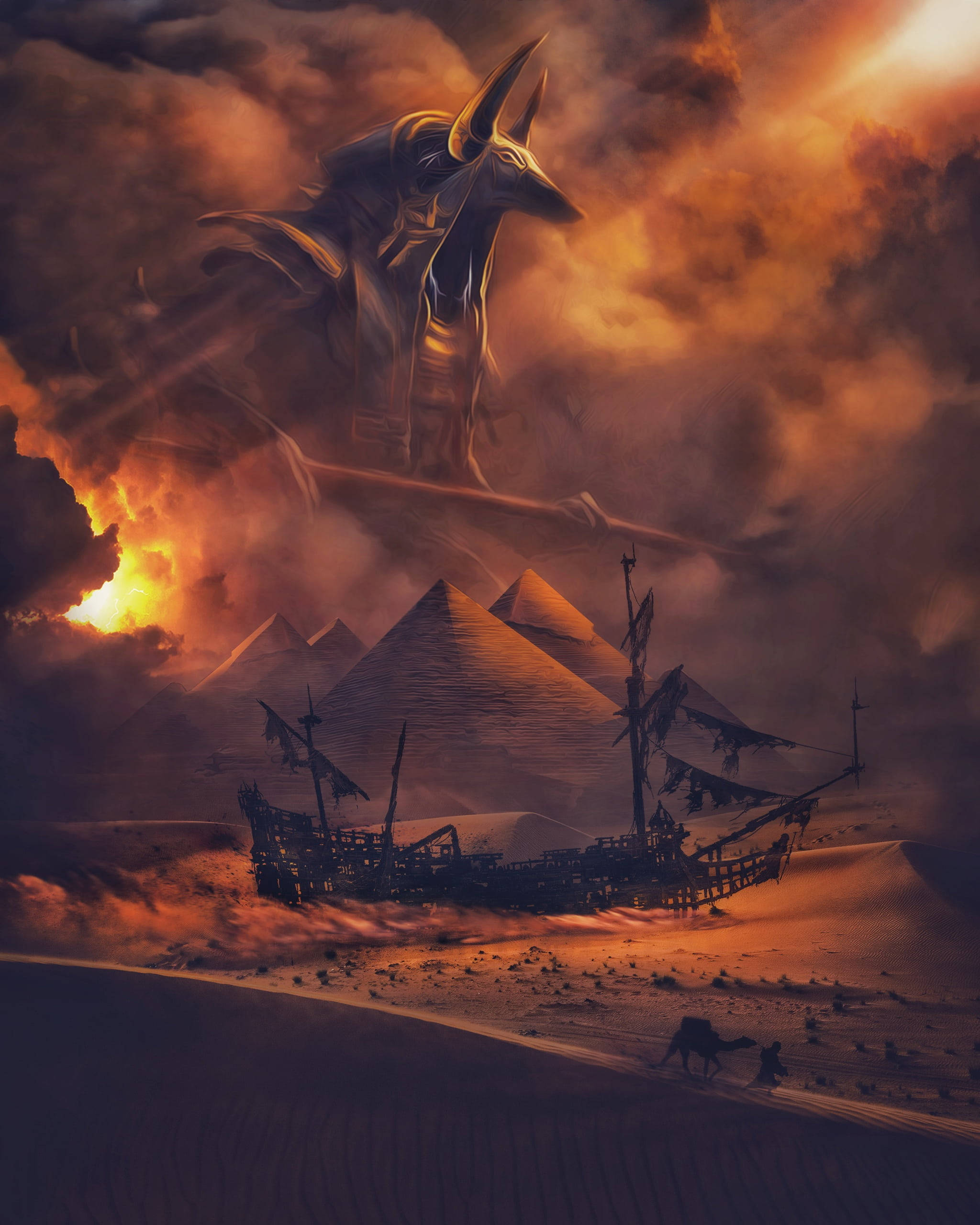 Anubis, pyramids, shipwreck, 2K Phone Wallpaper