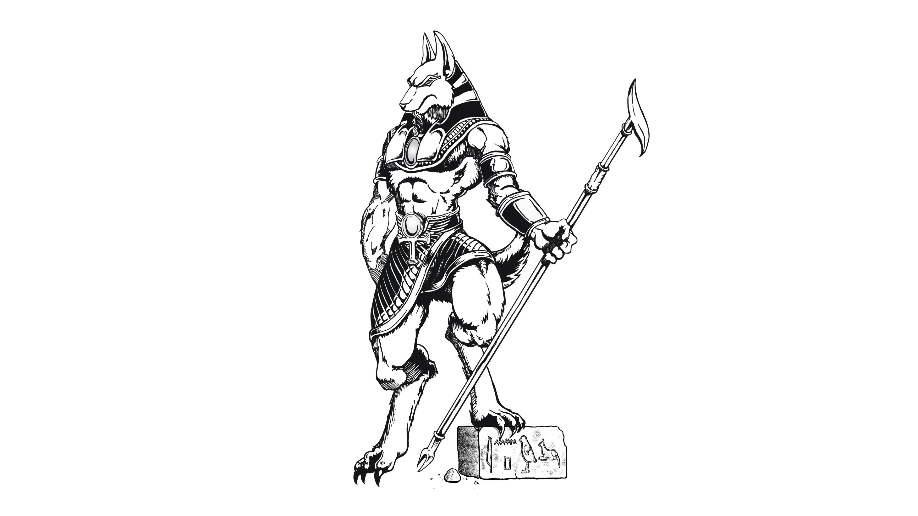 Anubis, black and white line-art, staff, 4K Desktop Wallpaper