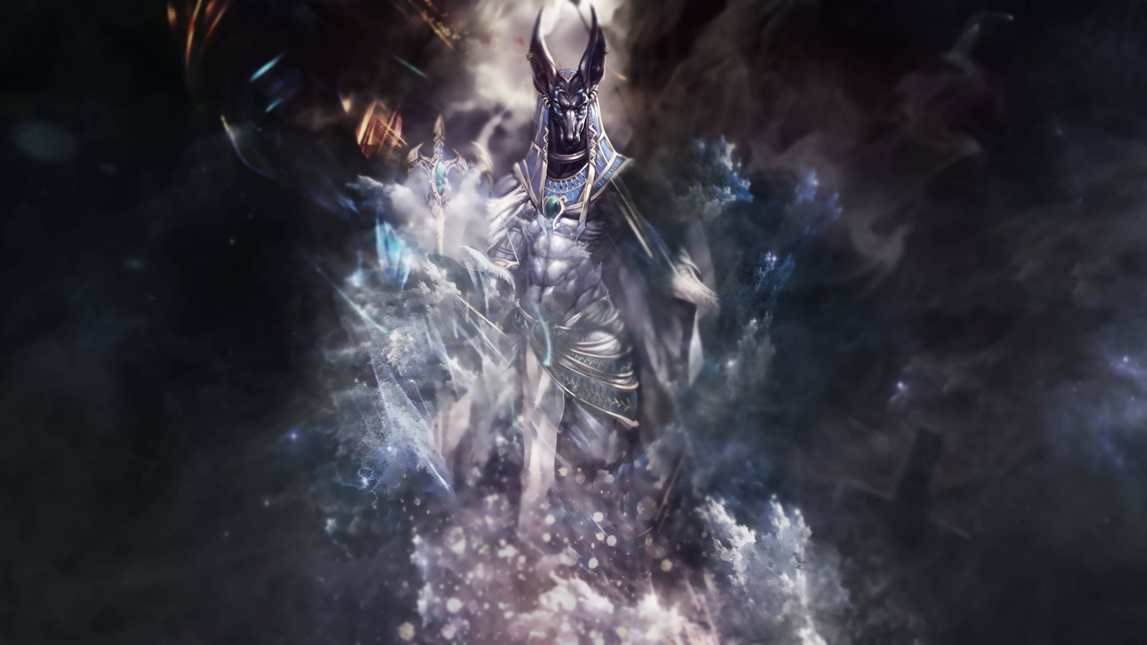 Anubis, horned helmet, swirling cosmic energy, 4K Desktop Wallpaper