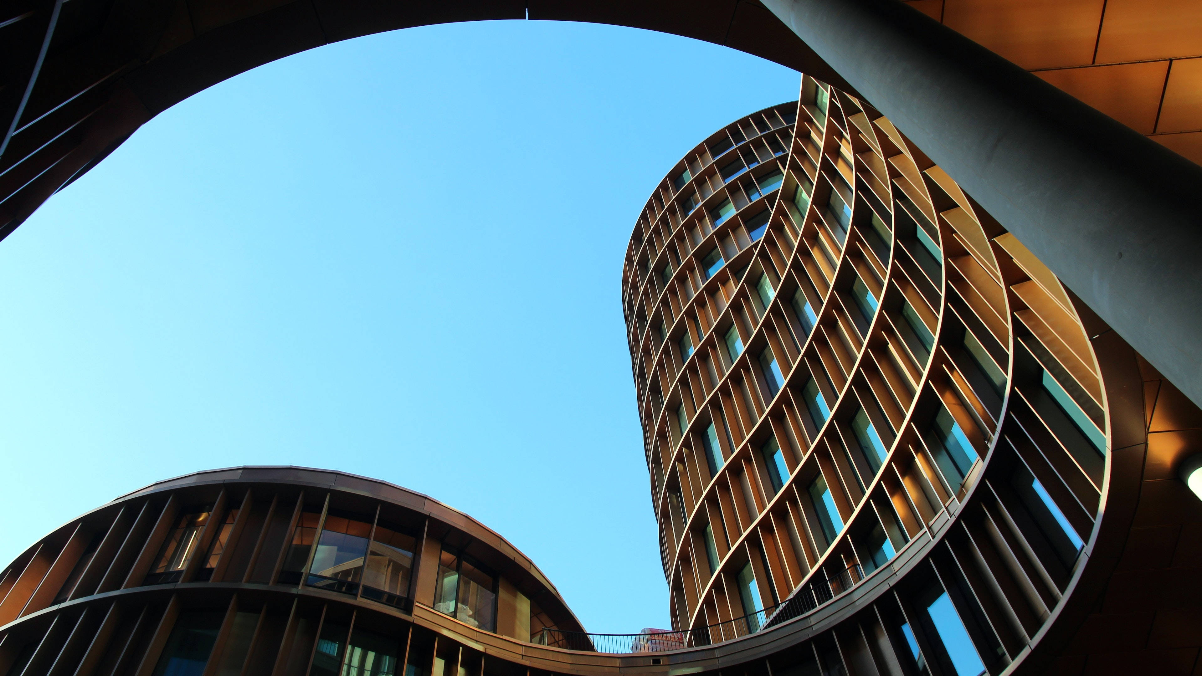 4K Architecture, abstract modern, curved wooden buildings, 4K Desktop Wallpaper