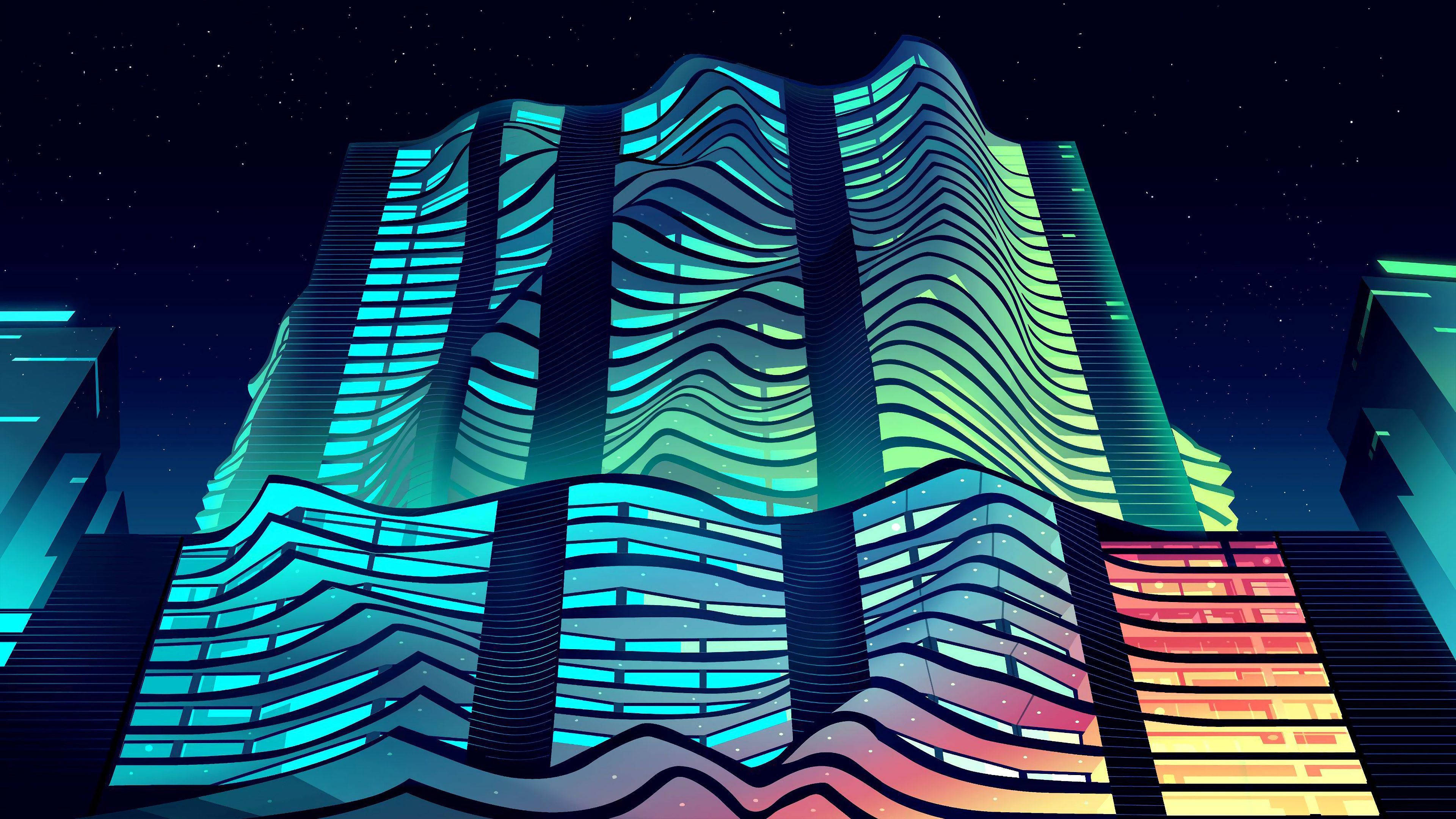 4K Architecture, futuristic cityscape, wavy neon-lit skyscrapers, 4K Desktop Wallpaper