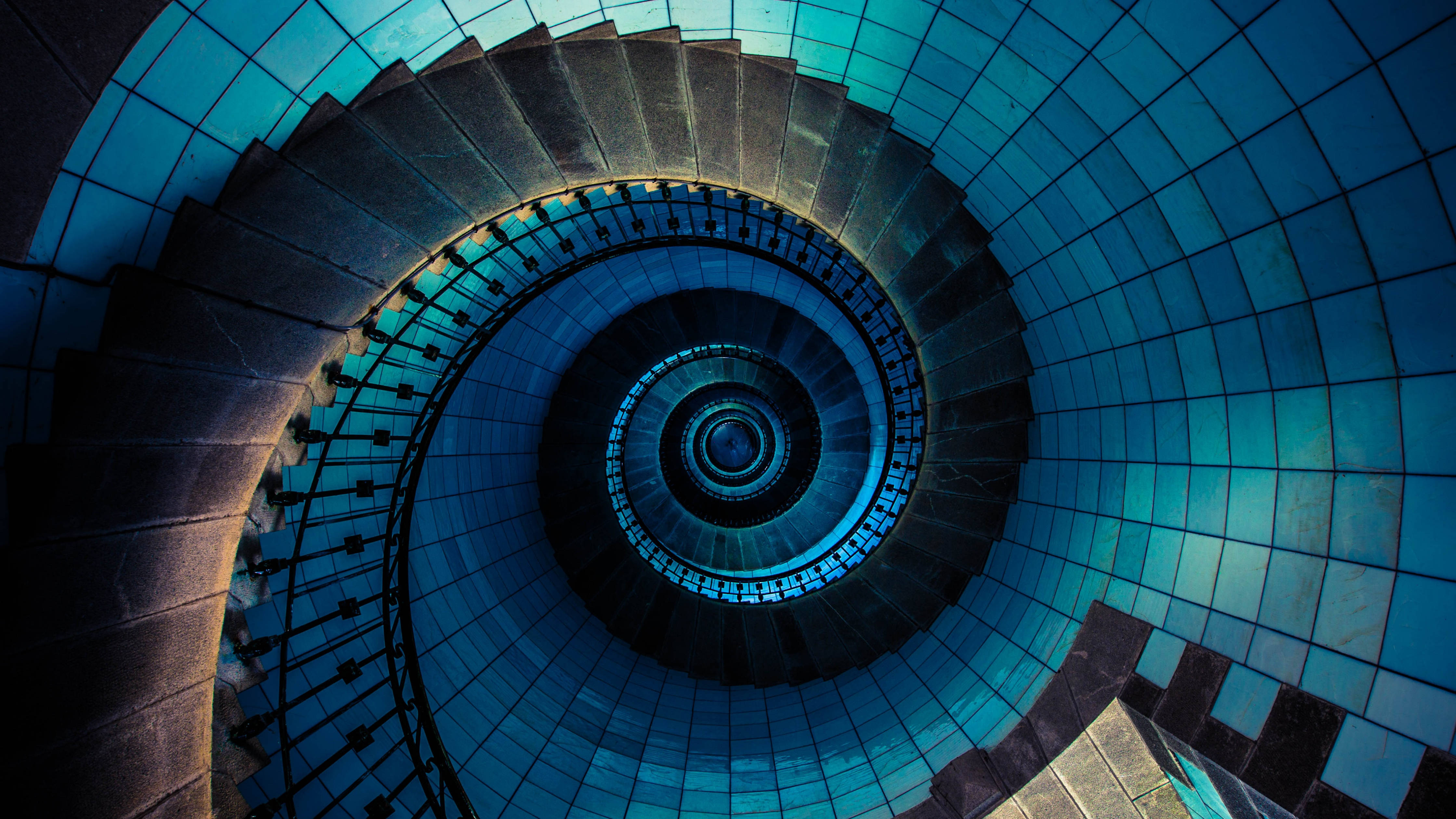 4K Architecture, blue spiral staircase, blue tiled walls, 4K Desktop Wallpaper