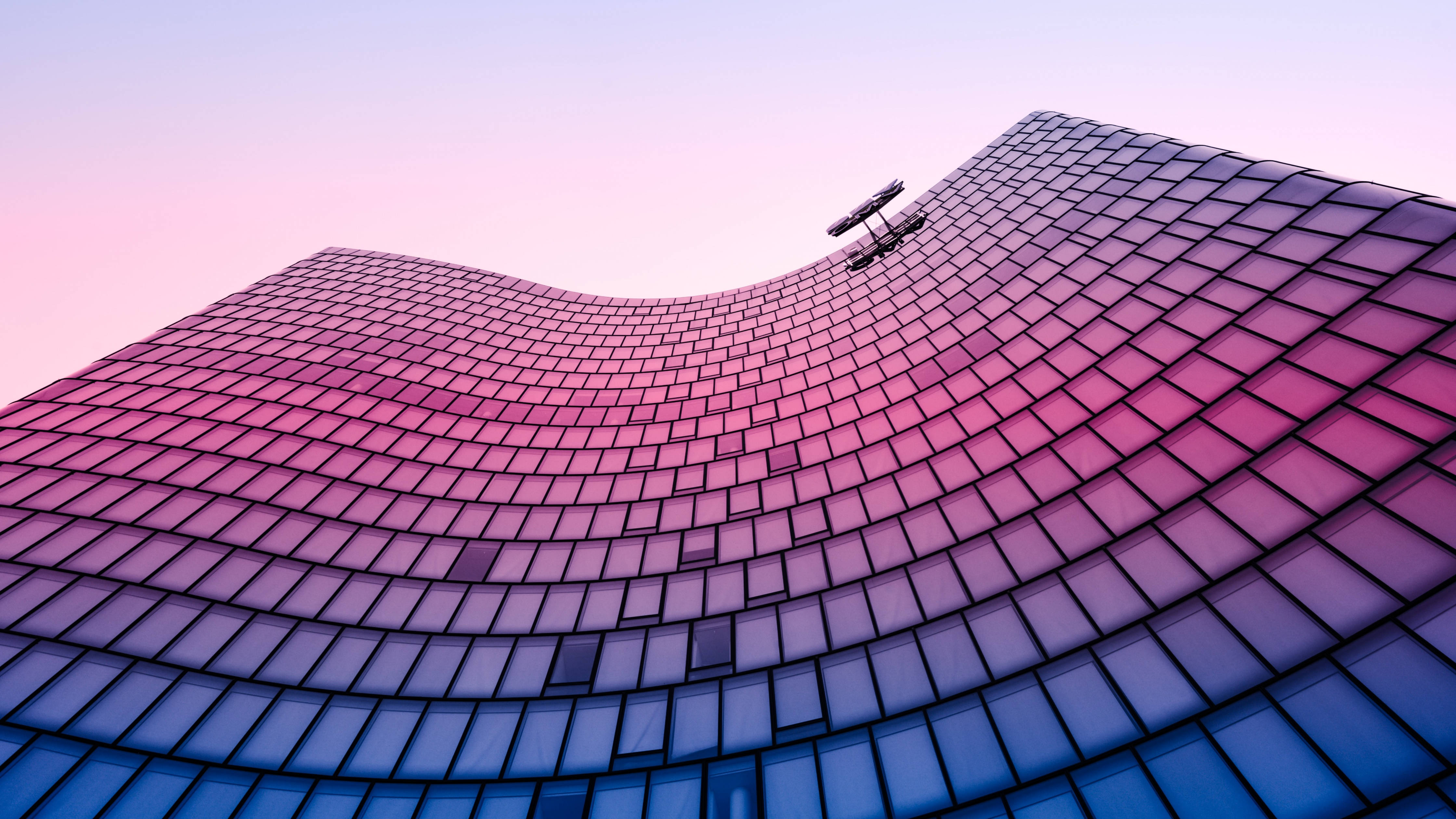 4K Architecture, blue and purple building tower, futuristic wavy glass building, 4K Desktop Wallpaper