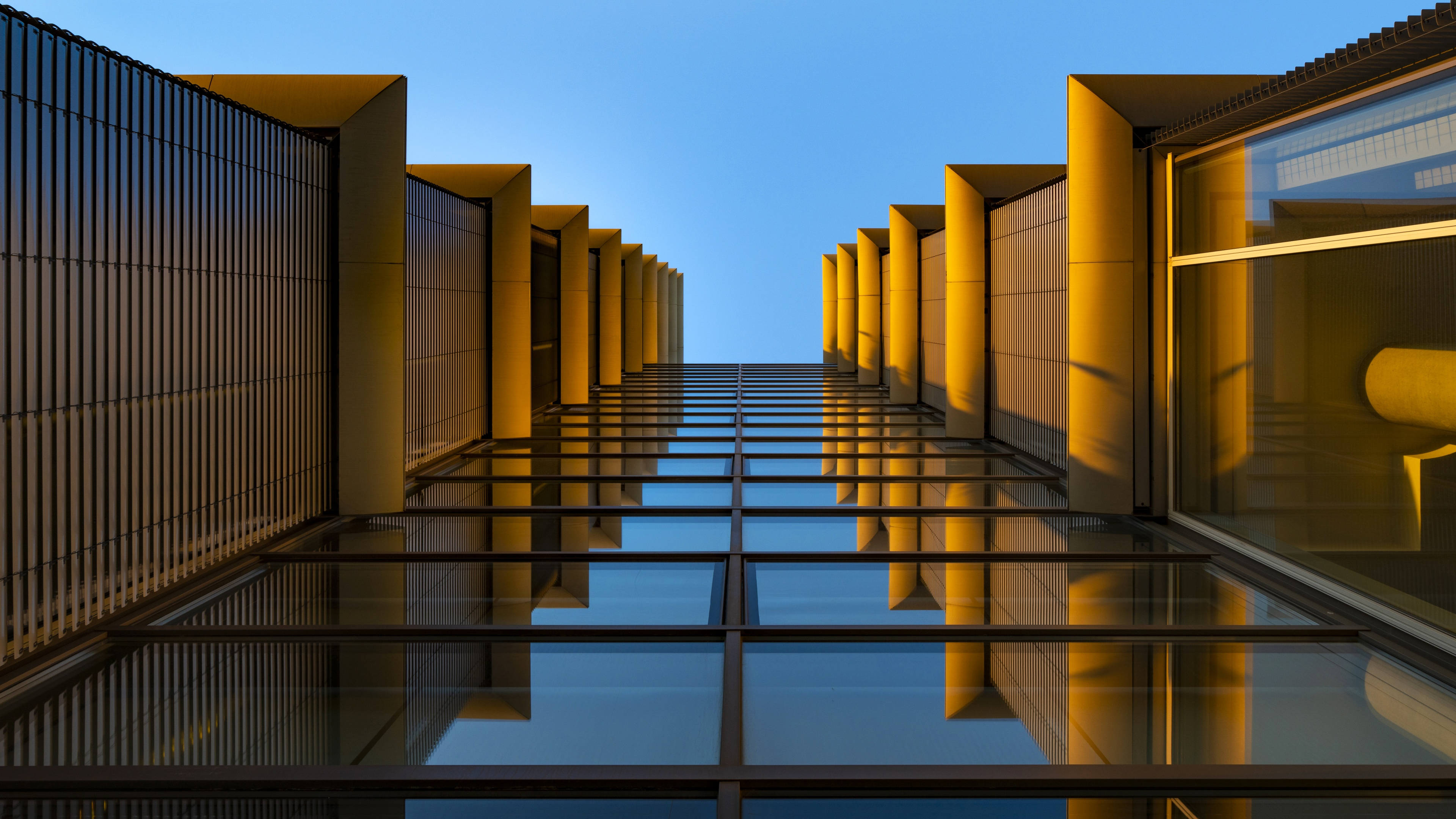 4K Architecture, yellow glass building, glass floor, 4K Desktop Wallpaper