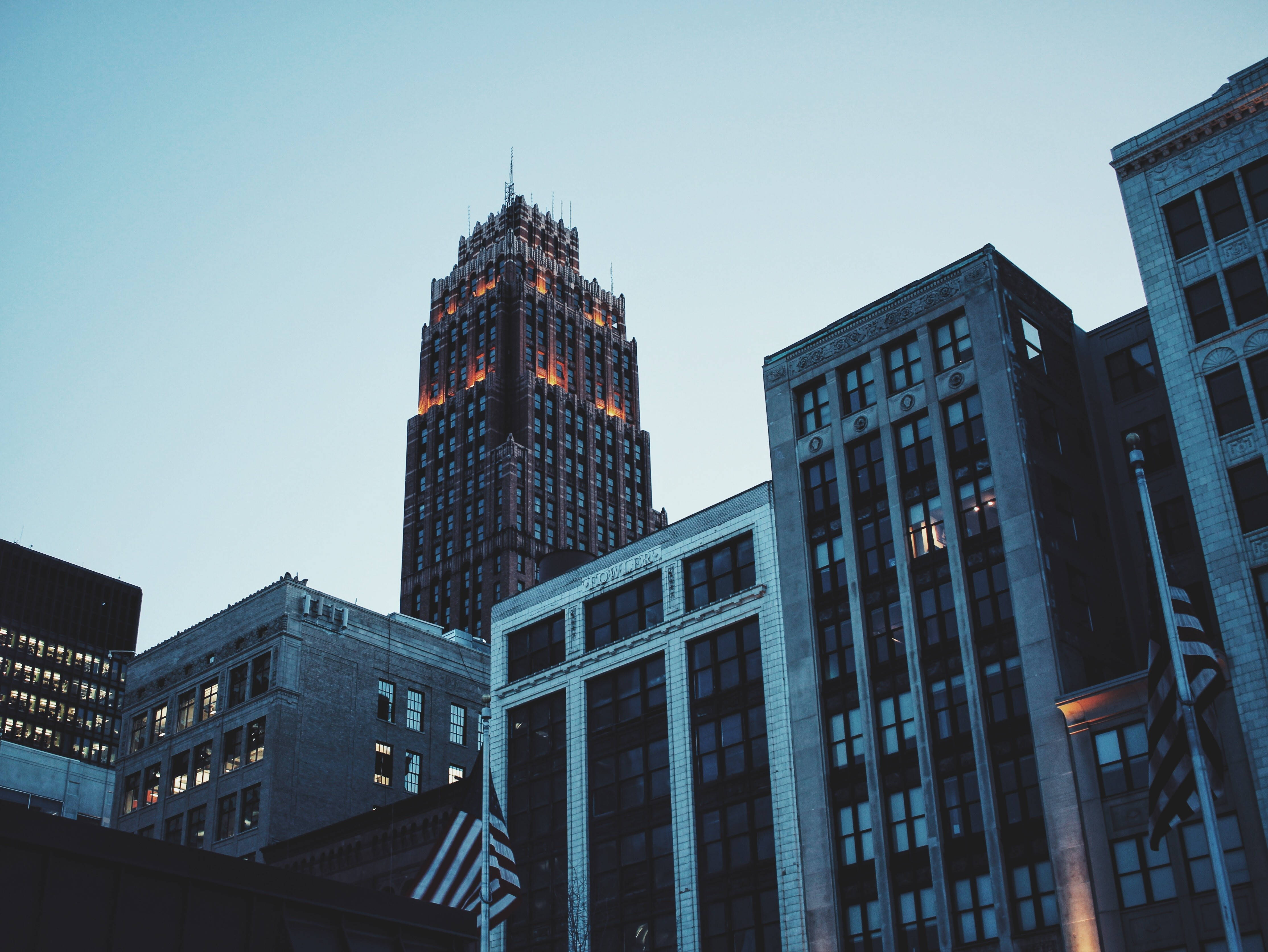 4K Architecture, Gloomy Detroit Buildings, Art Deco skyscraper, 4K Desktop Wallpaper