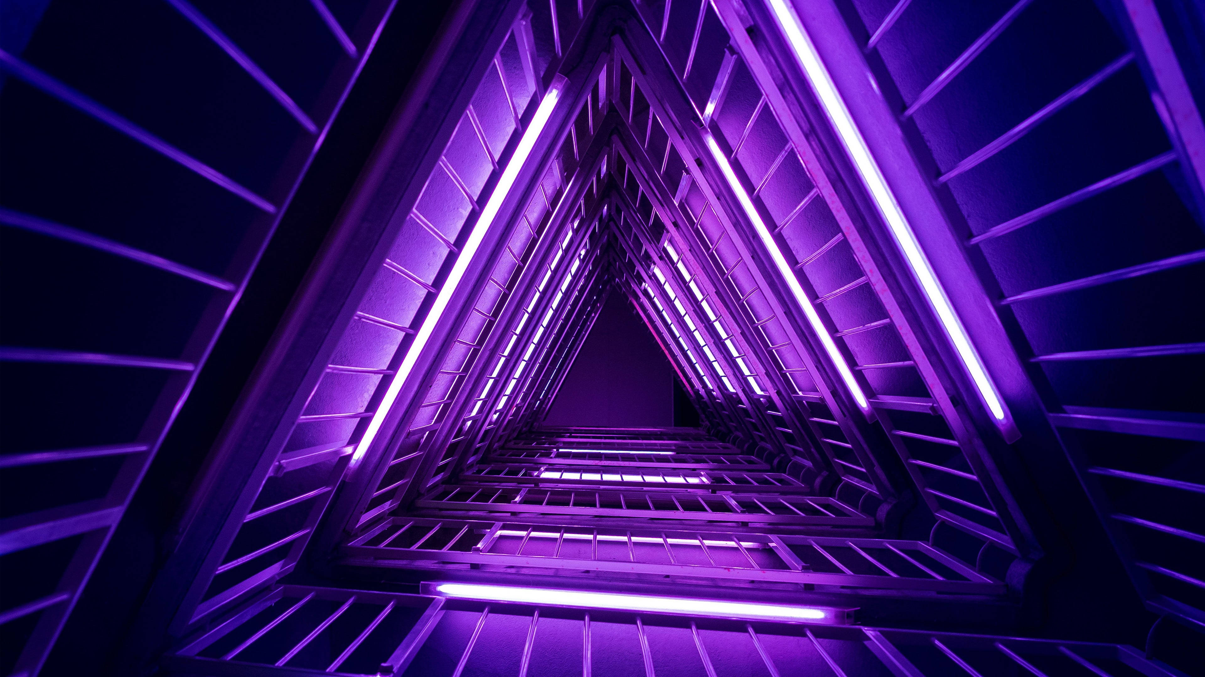 4K Architecture, triangle tunnel, glowing purple neon lights, 4K Desktop Wallpaper