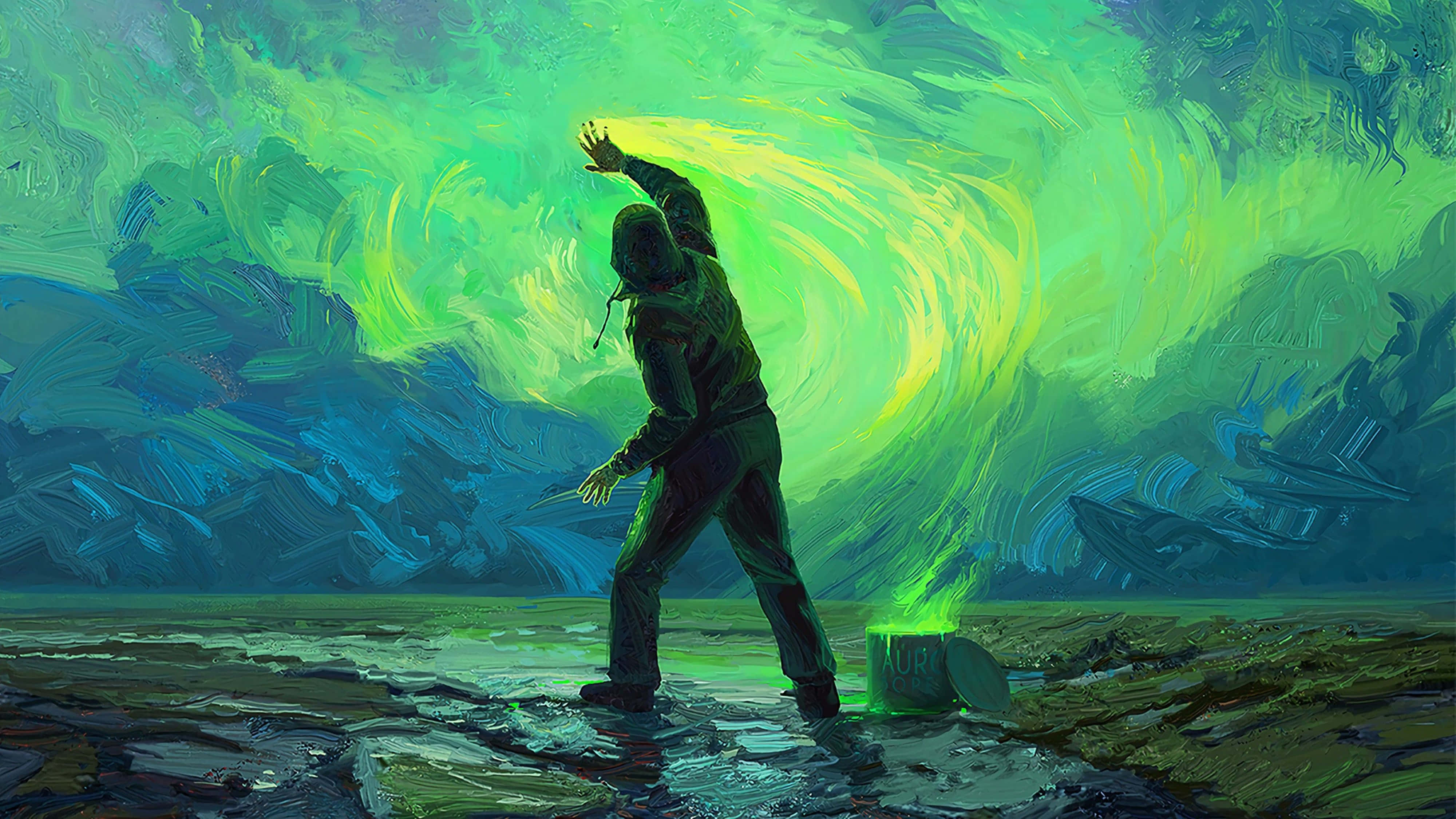 Artist In Action 4K Painting, hooded jacket, wet shore, 4K Desktop Wallpaper