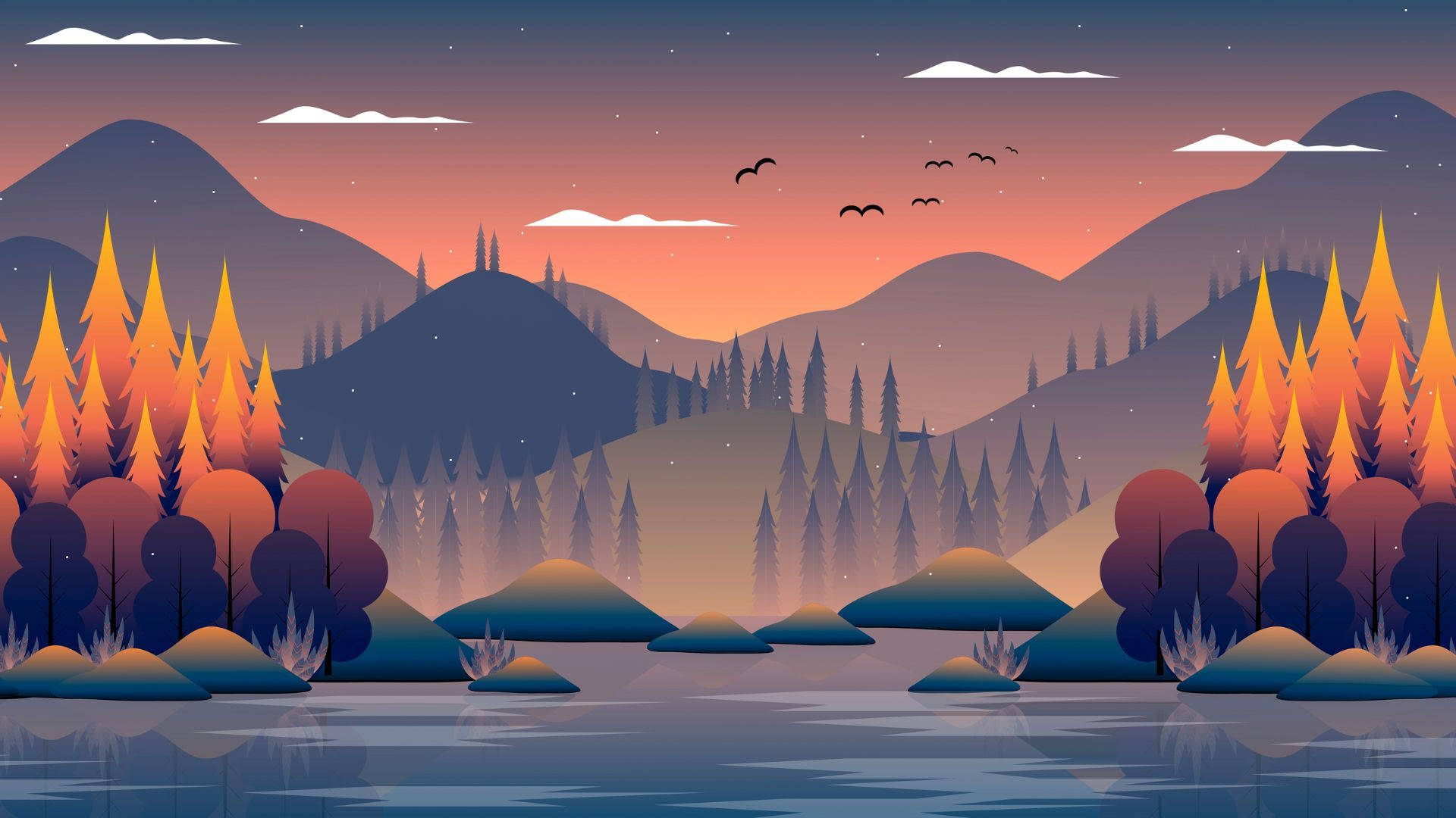 4K Ultra HD, Windows Forest Artwork, twilight lake, Full HD Desktop Wallpaper