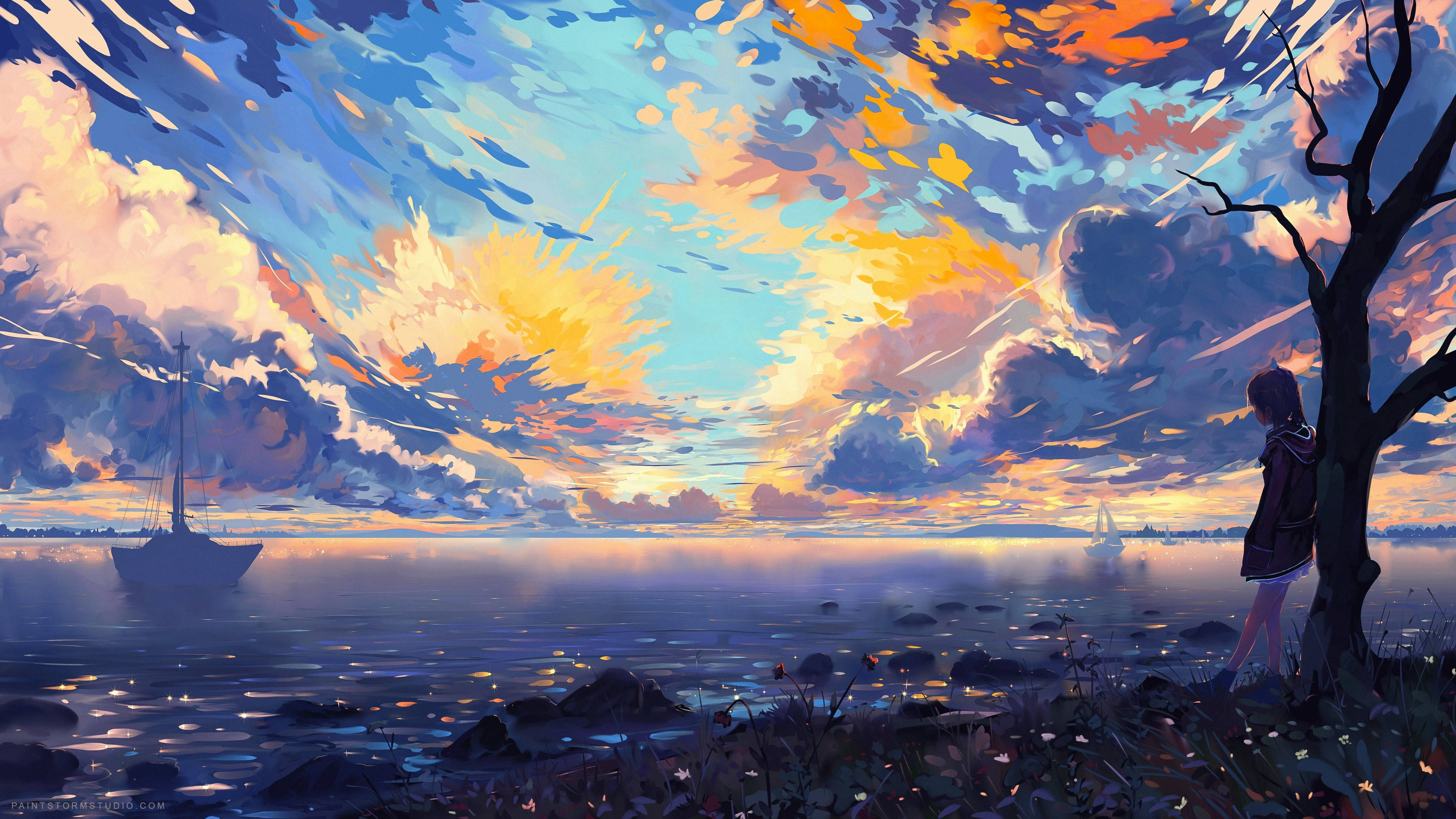 4K Anime Art, sailboat, calm sea, 4K Desktop Wallpaper