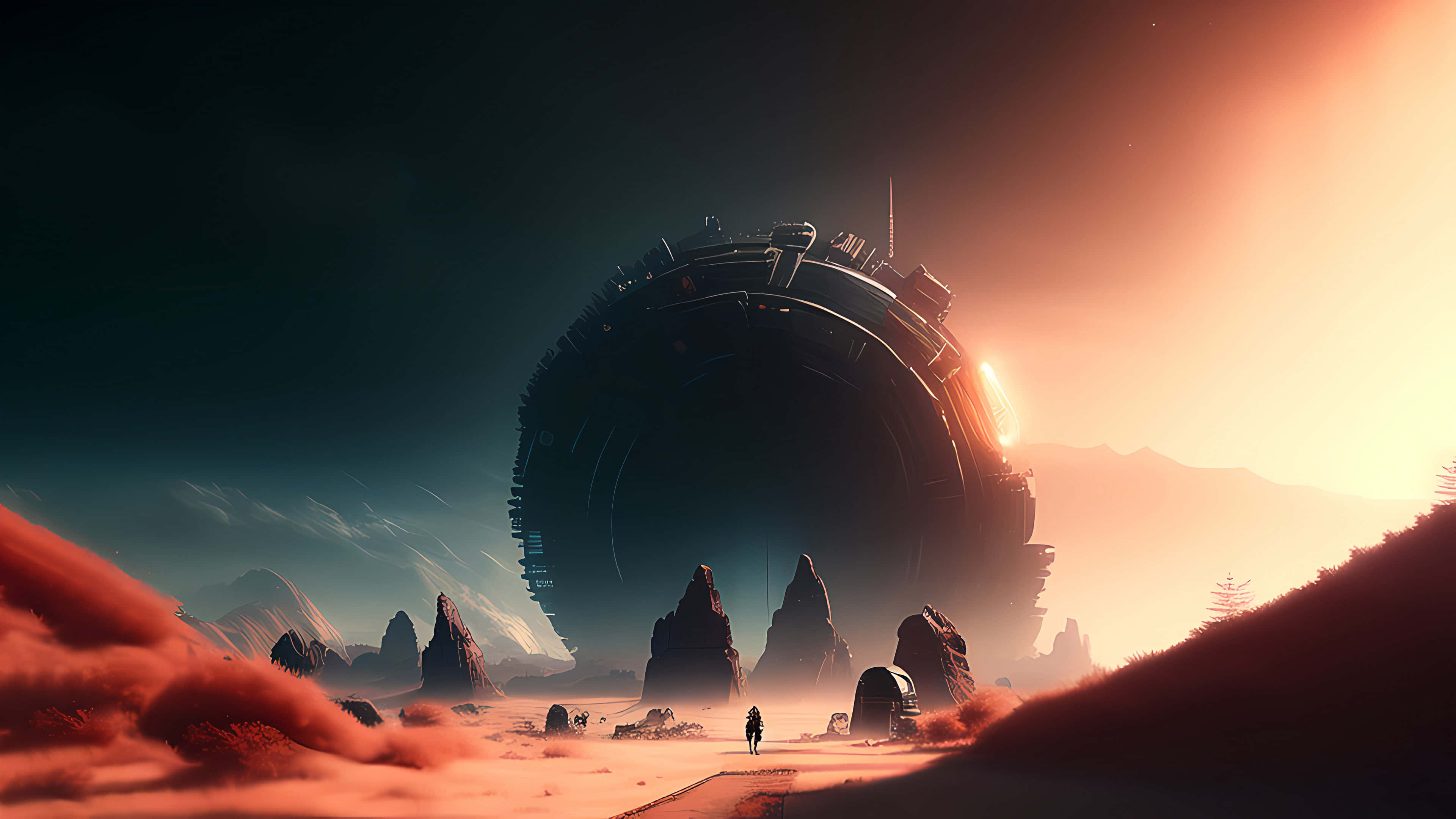 mysterious alien structure, desert, twilight sky, 4K Desktop Wallpaper