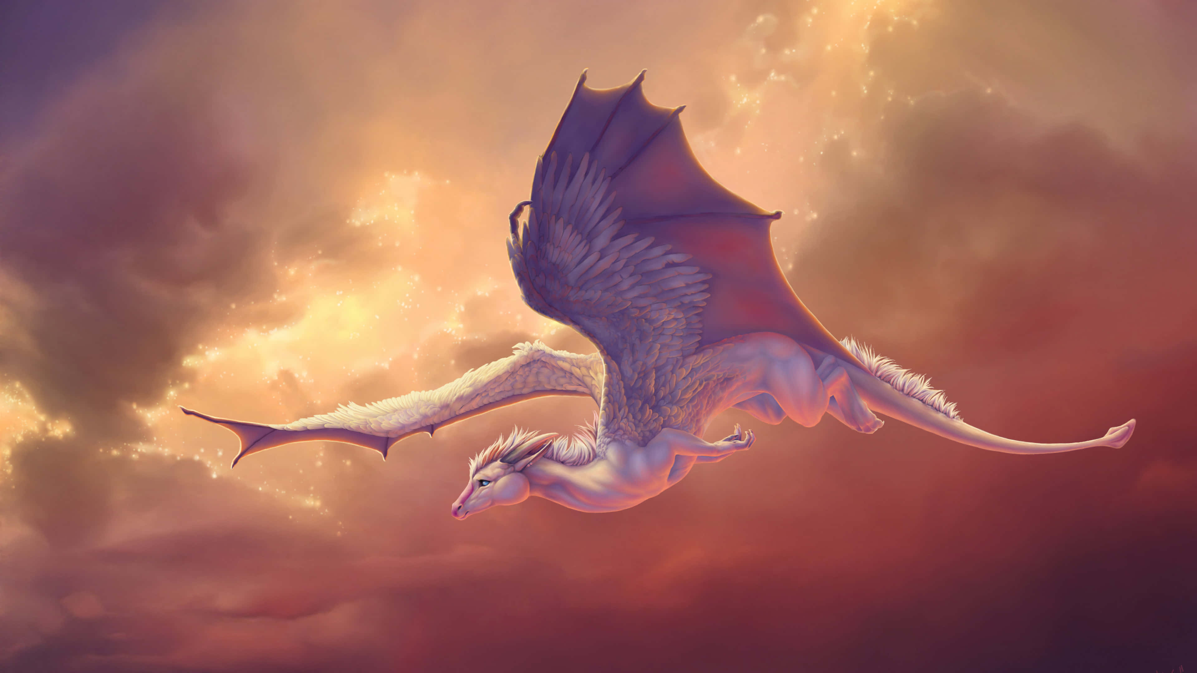 majestic dragon, white dragon, feathered wings, 4K Desktop Wallpaper