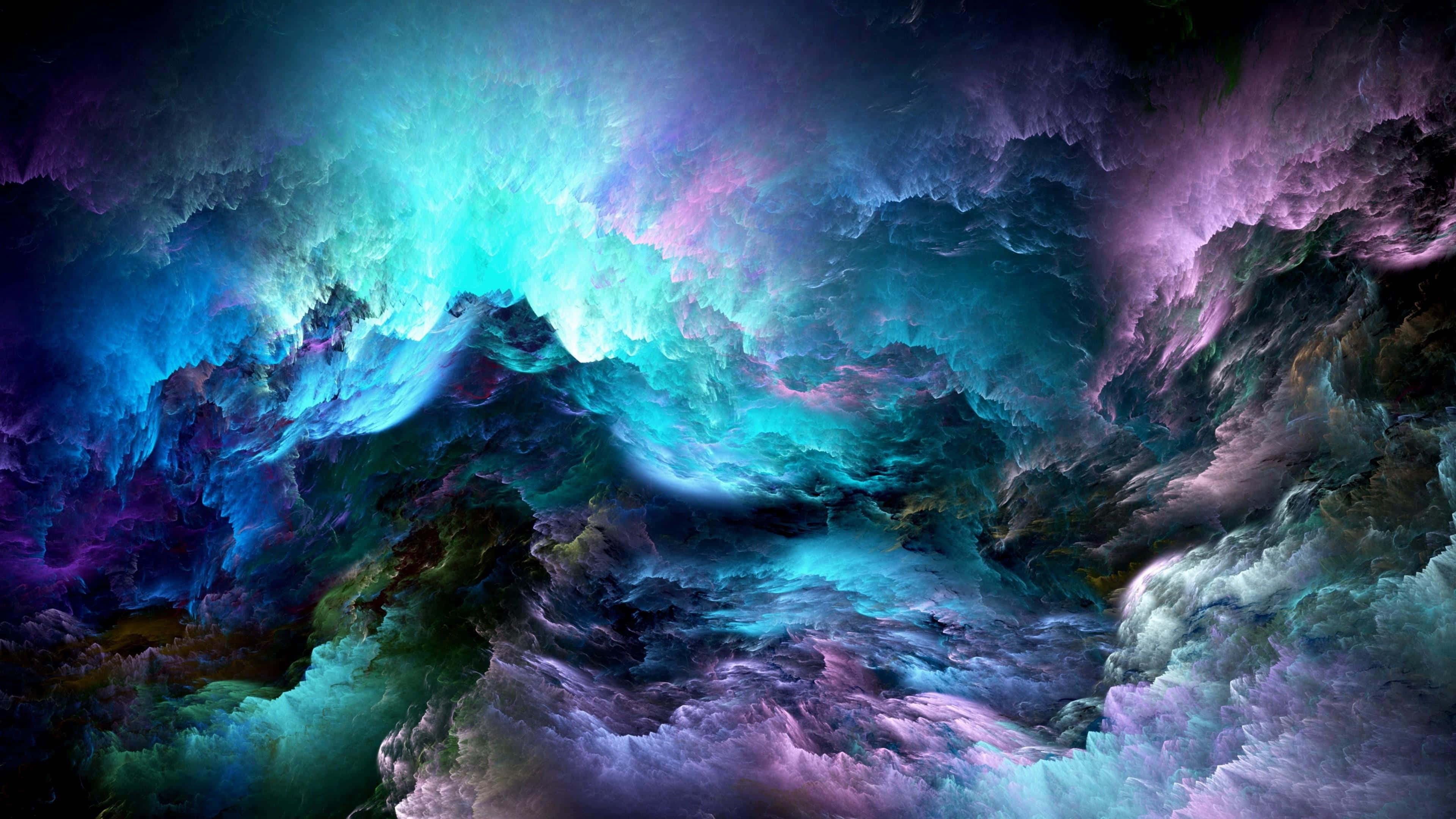 cosmic nebula, swirling teal purple and blue clouds, dark void, 4K Desktop Wallpaper