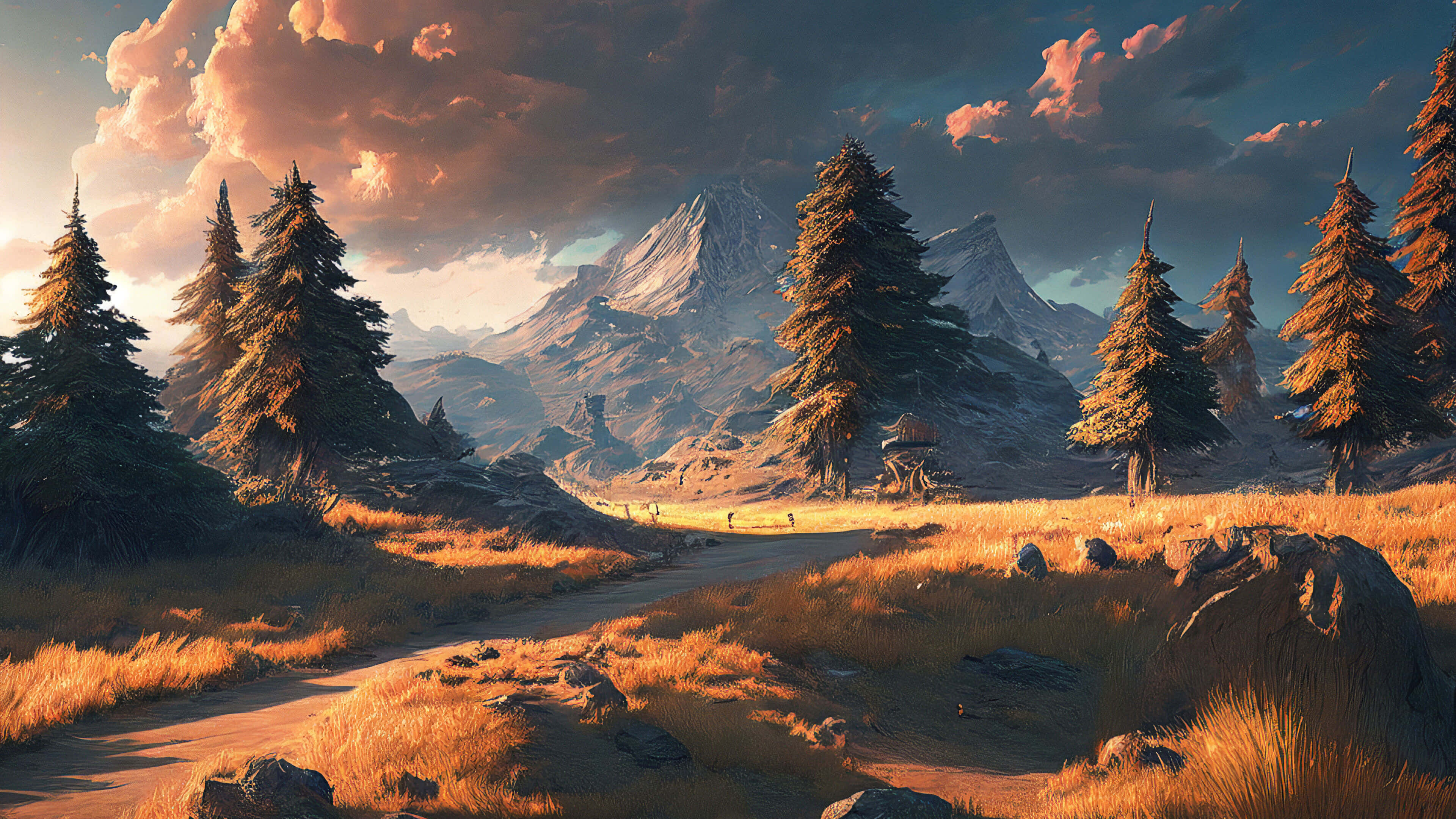 mountainous evergreen sunset, golden grass, pine trees, 4K Desktop Wallpaper
