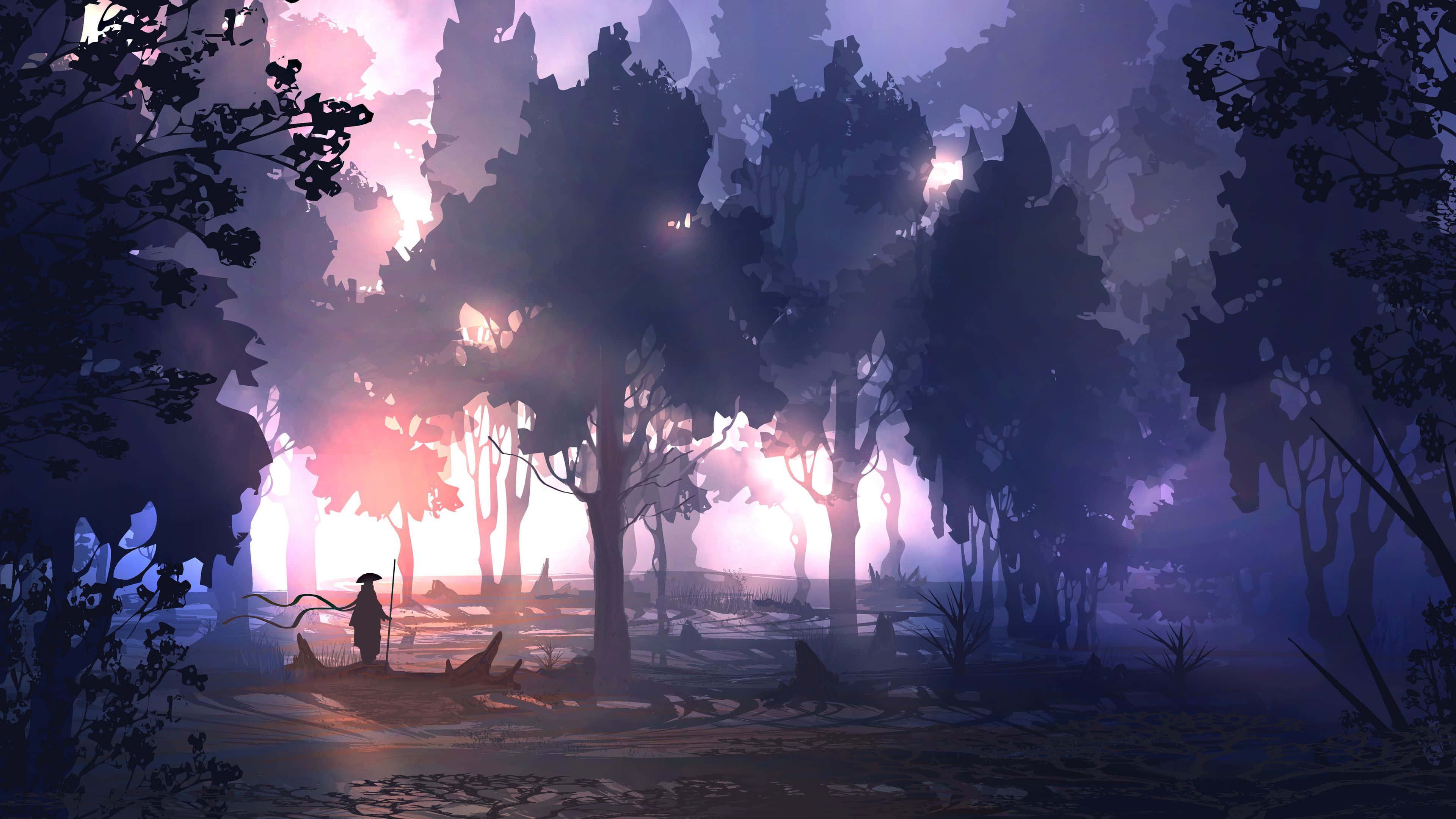 enchanted twilight forest, lone figure, umbrella, 4K Desktop Wallpaper