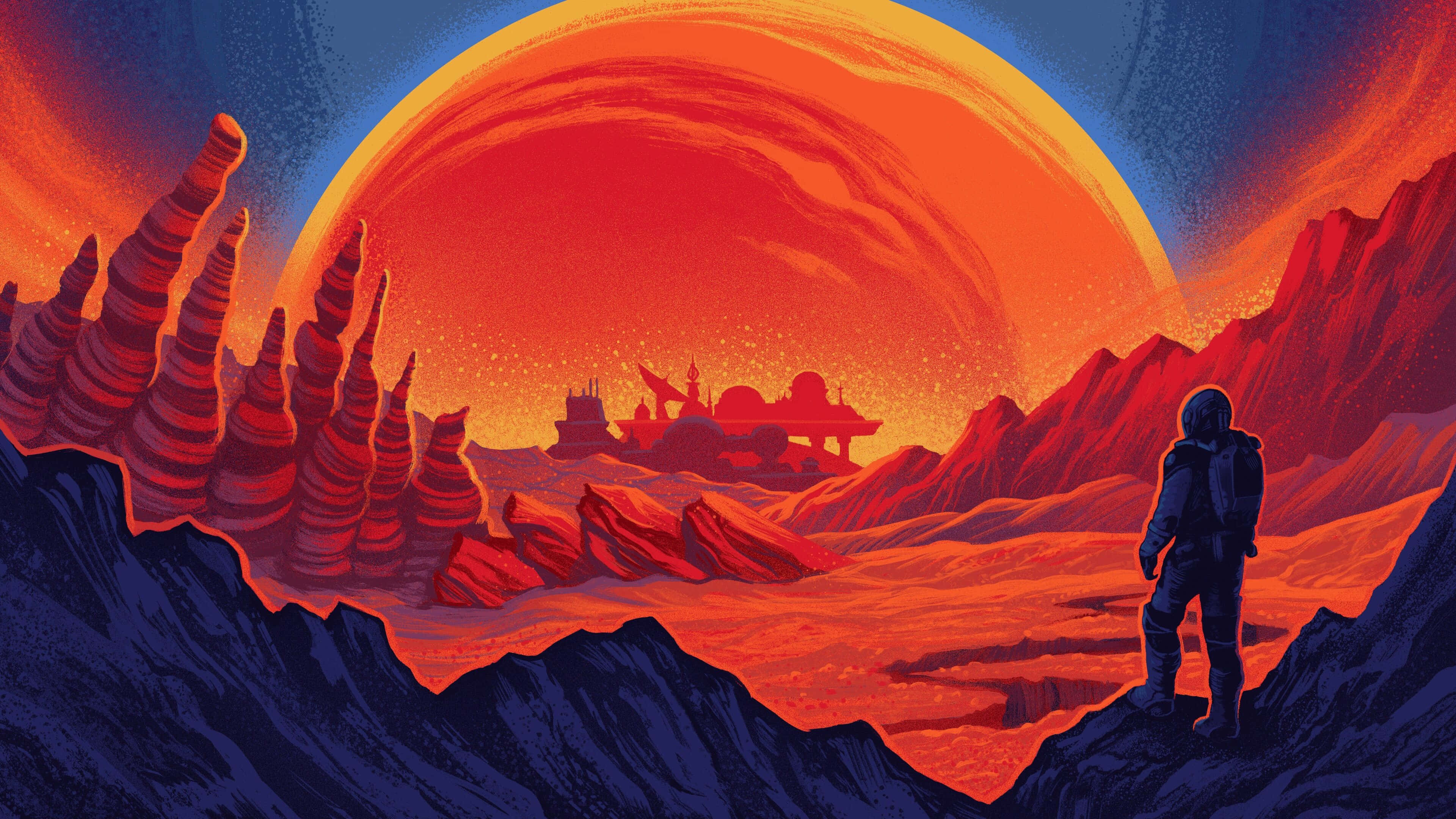astronaut, alien sunset, rocky alien planet, 4K Desktop Wallpaper