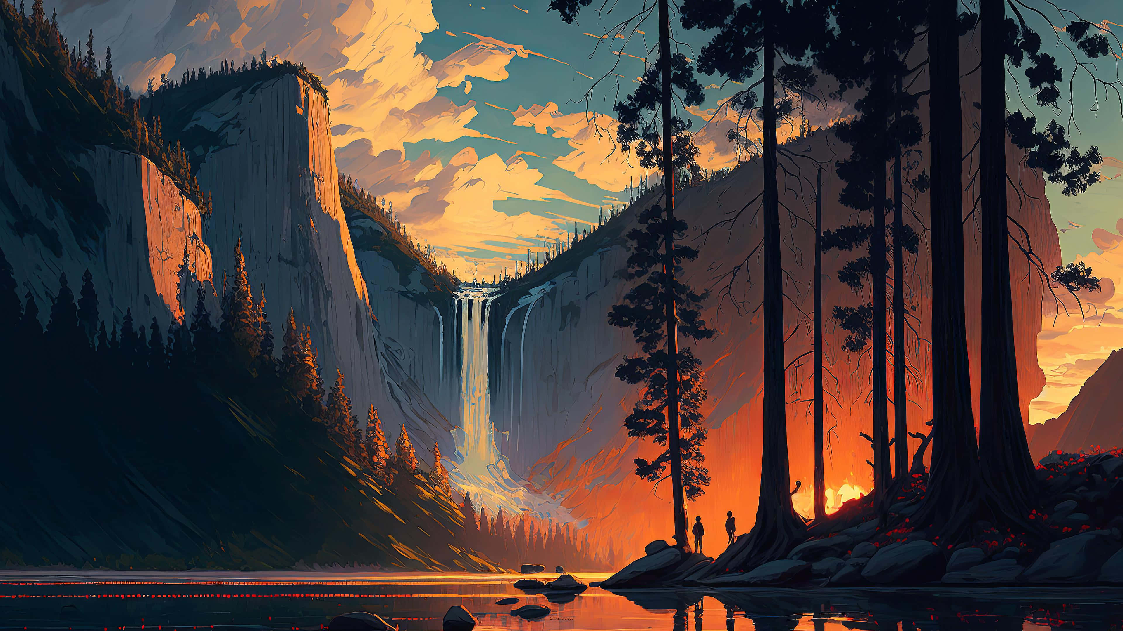 sunset, mountain, waterfall, 4K Desktop Wallpaper