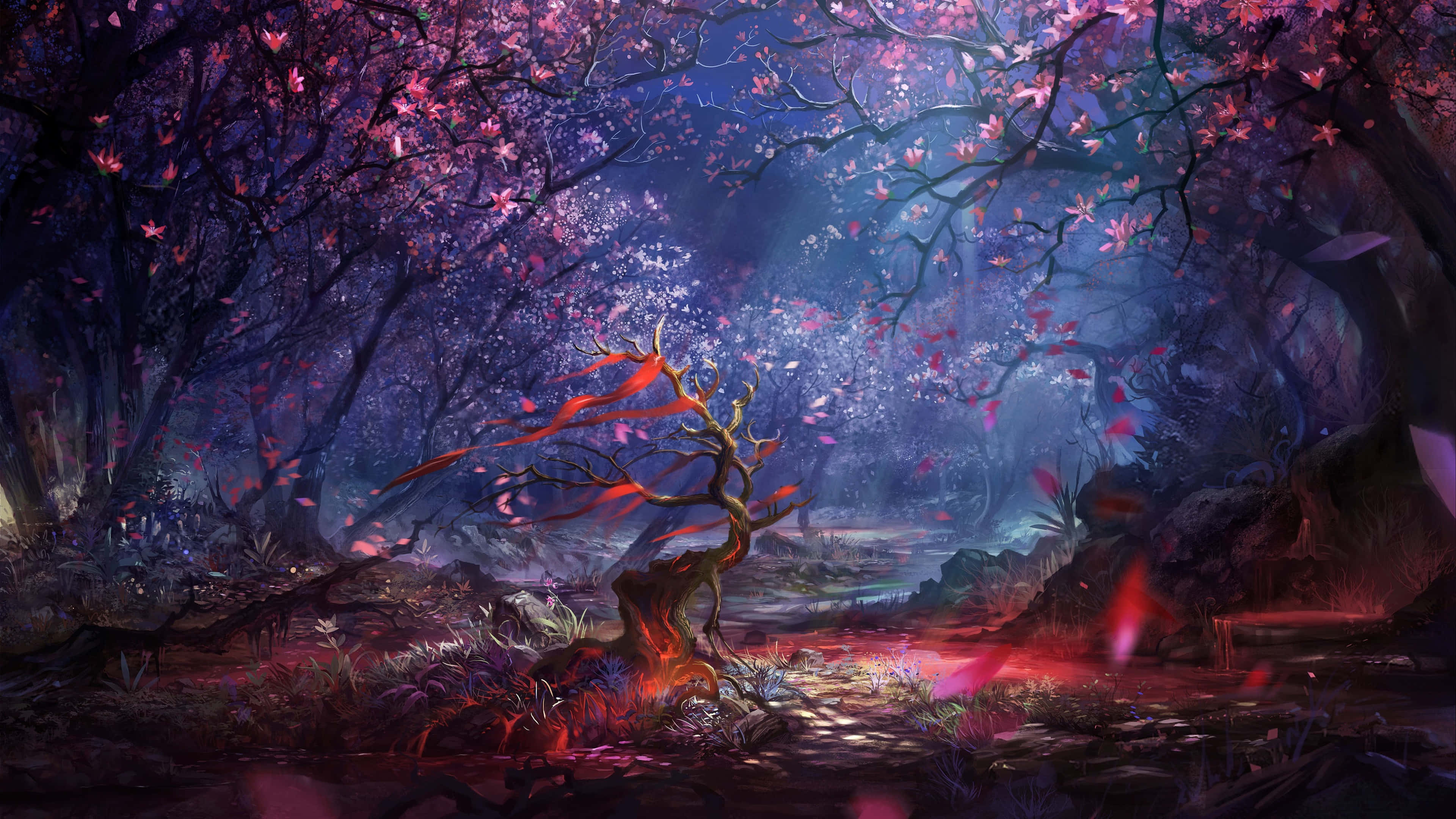 enchanted forest, glowing pink cherry blossoms, lone red ribboned tree, 4K Desktop Wallpaper