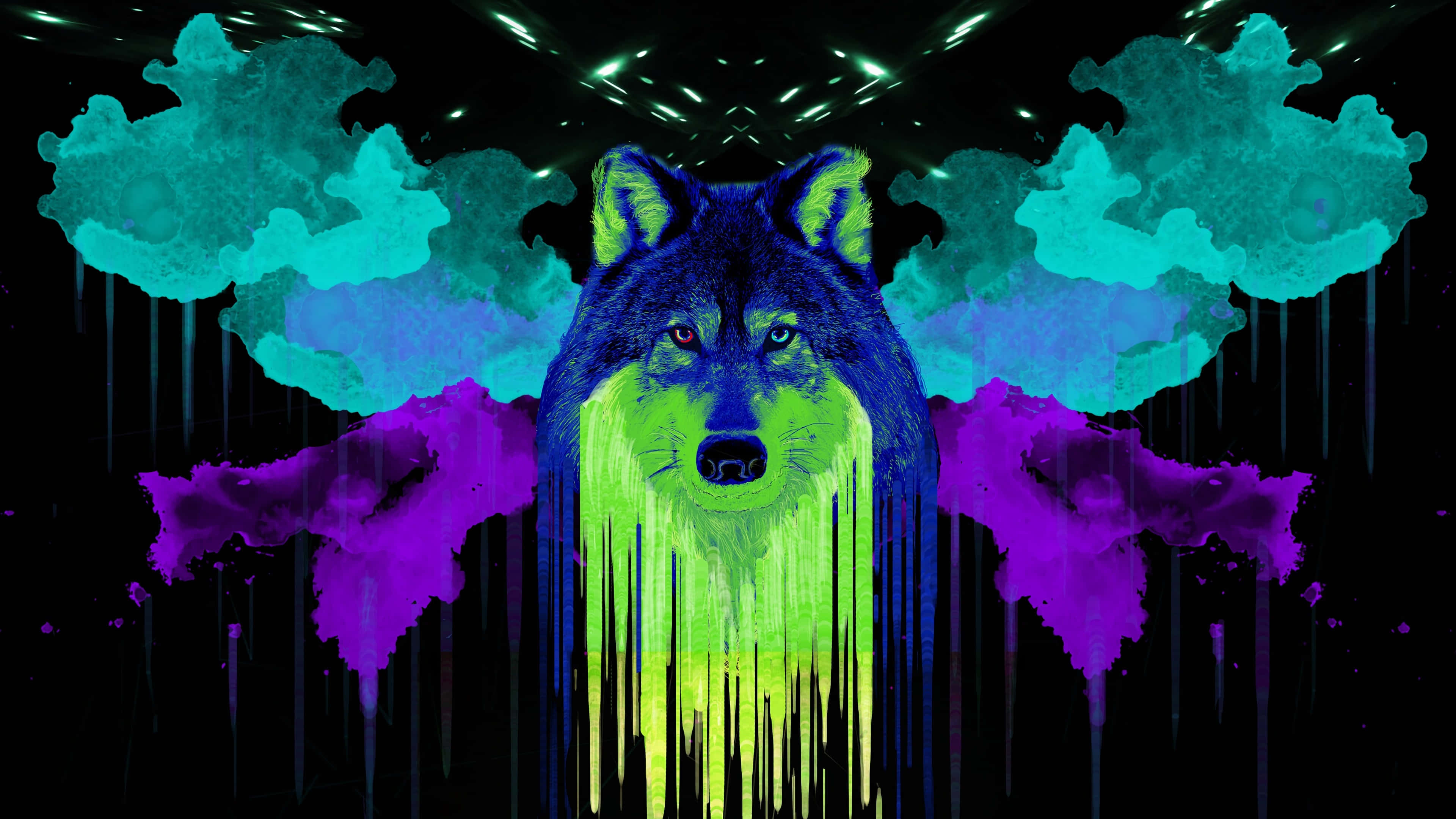 neon wolf, glowing green and purple drips, black background, 4K Desktop Wallpaper