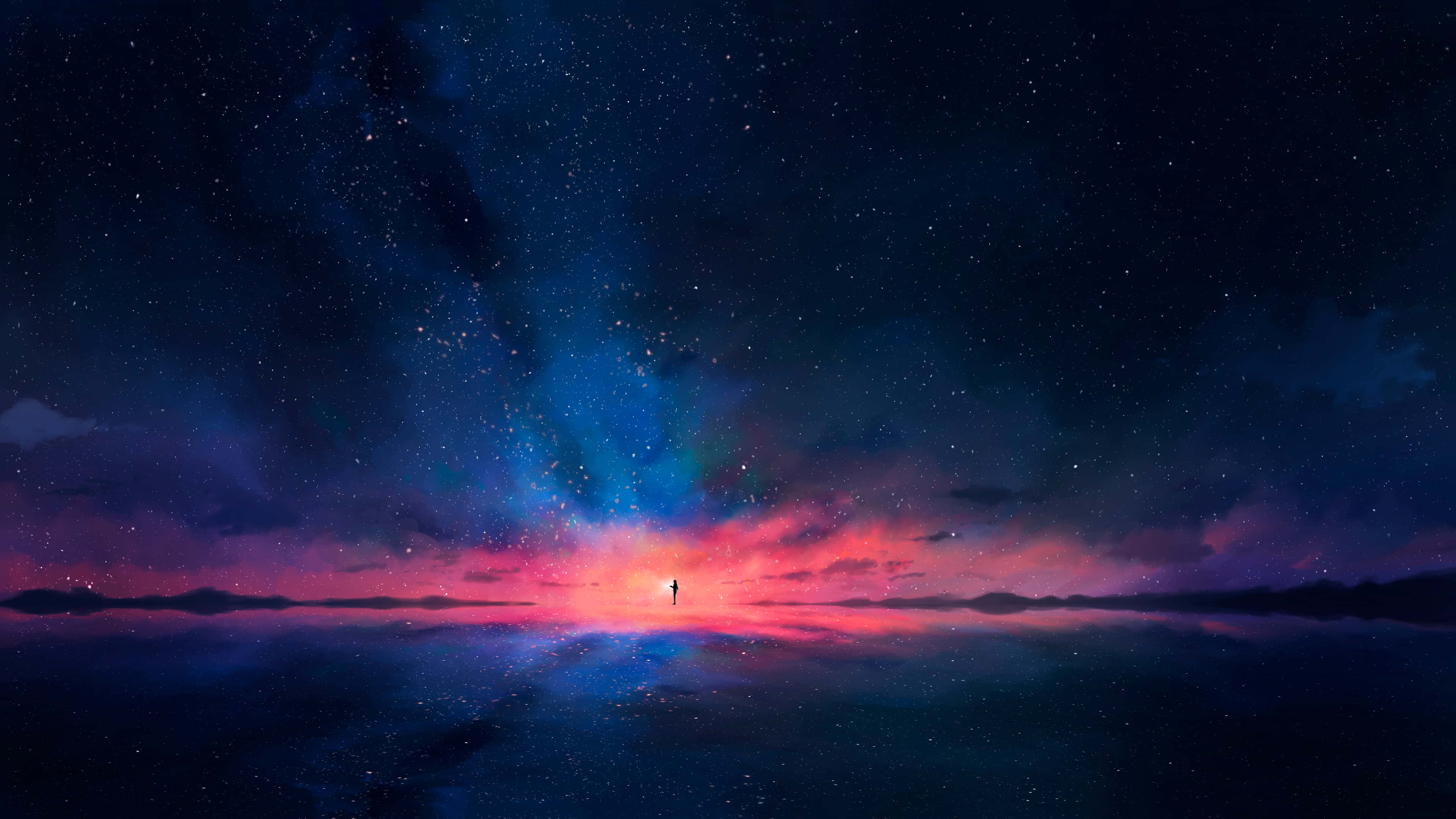 Starry Sunset Silhouette, cosmic shore, vibrant nebula, 4K Desktop Wallpaper