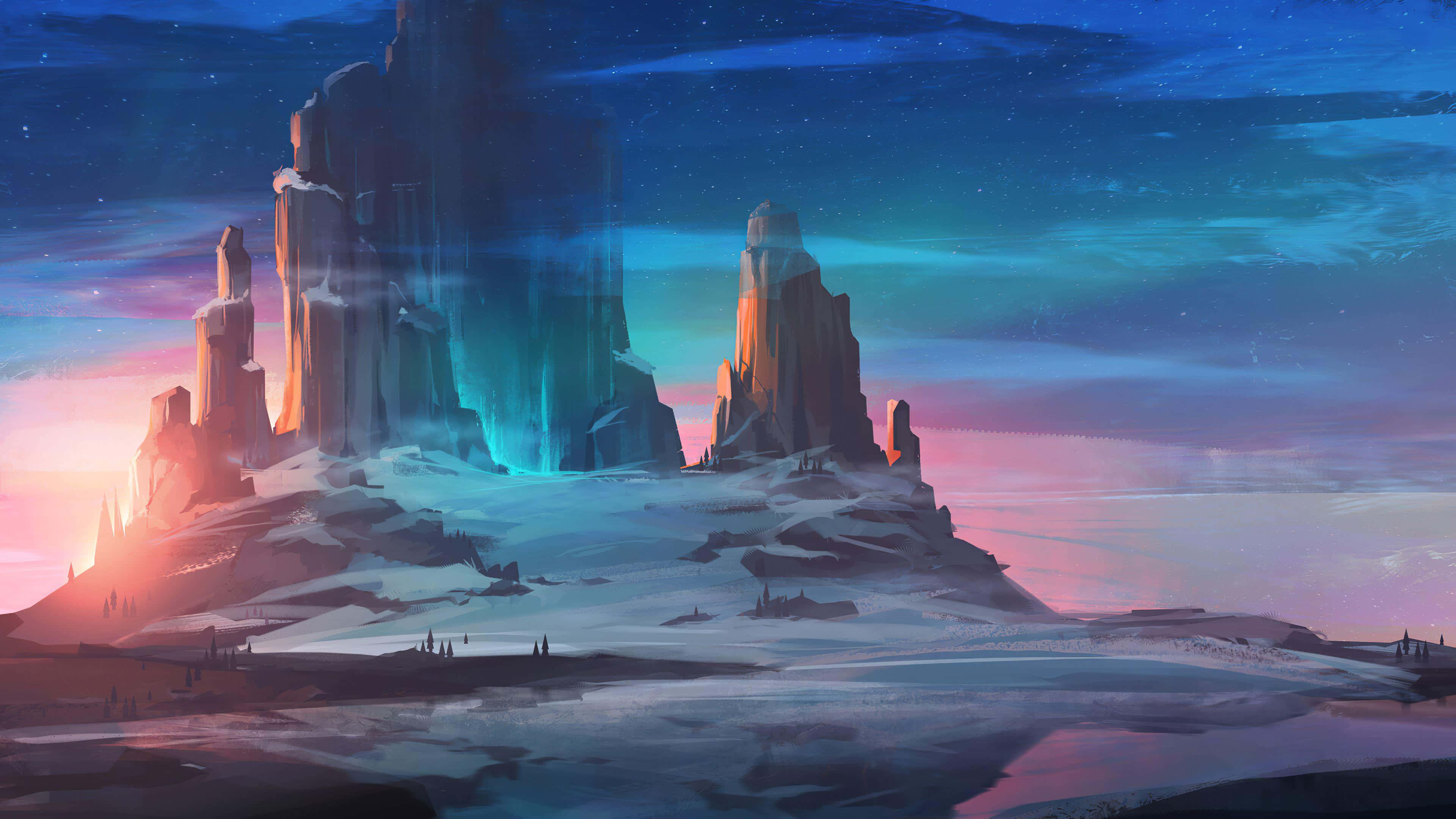 mystical frozen citadel, snow-covered mountain range, auroras, 4K Desktop Wallpaper