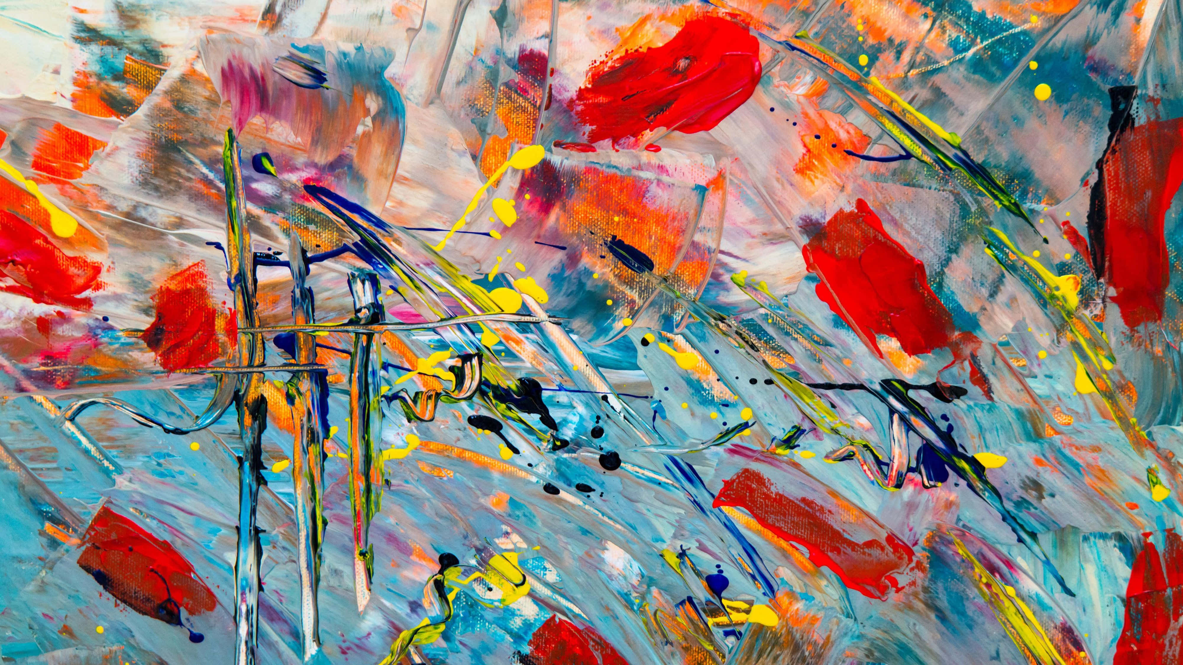 abstract red 4k painting, bold red yellow and blue brushstrokes, textured canvas, 4K Desktop Wallpaper