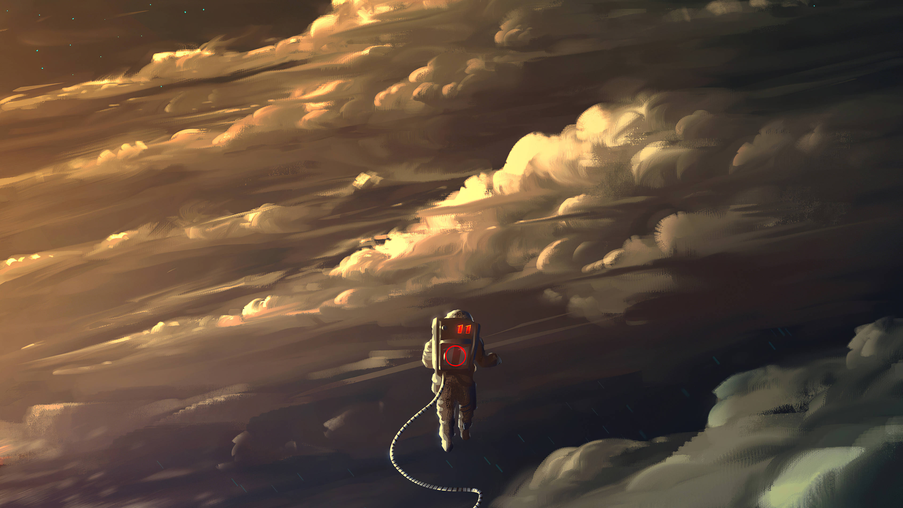 4K Astronaut, golden clouds, dark clouds, 4K Desktop Wallpaper