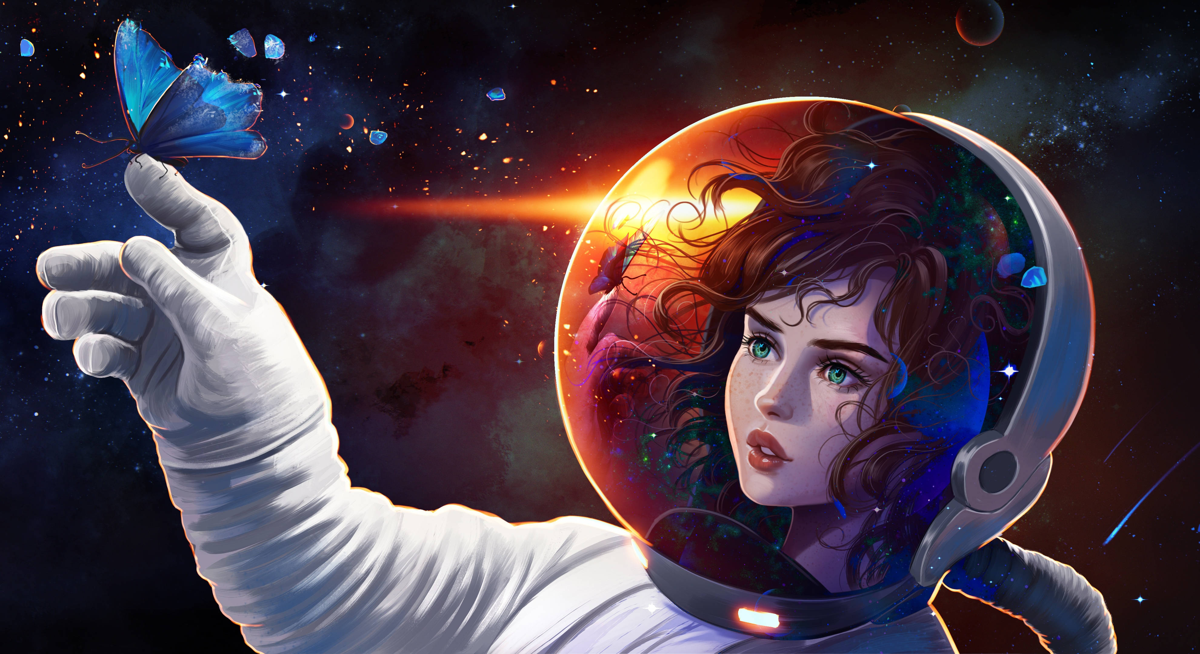 female astronaut, glowing blue butterfly, vibrant cosmic nebula, 4K Desktop Wallpaper