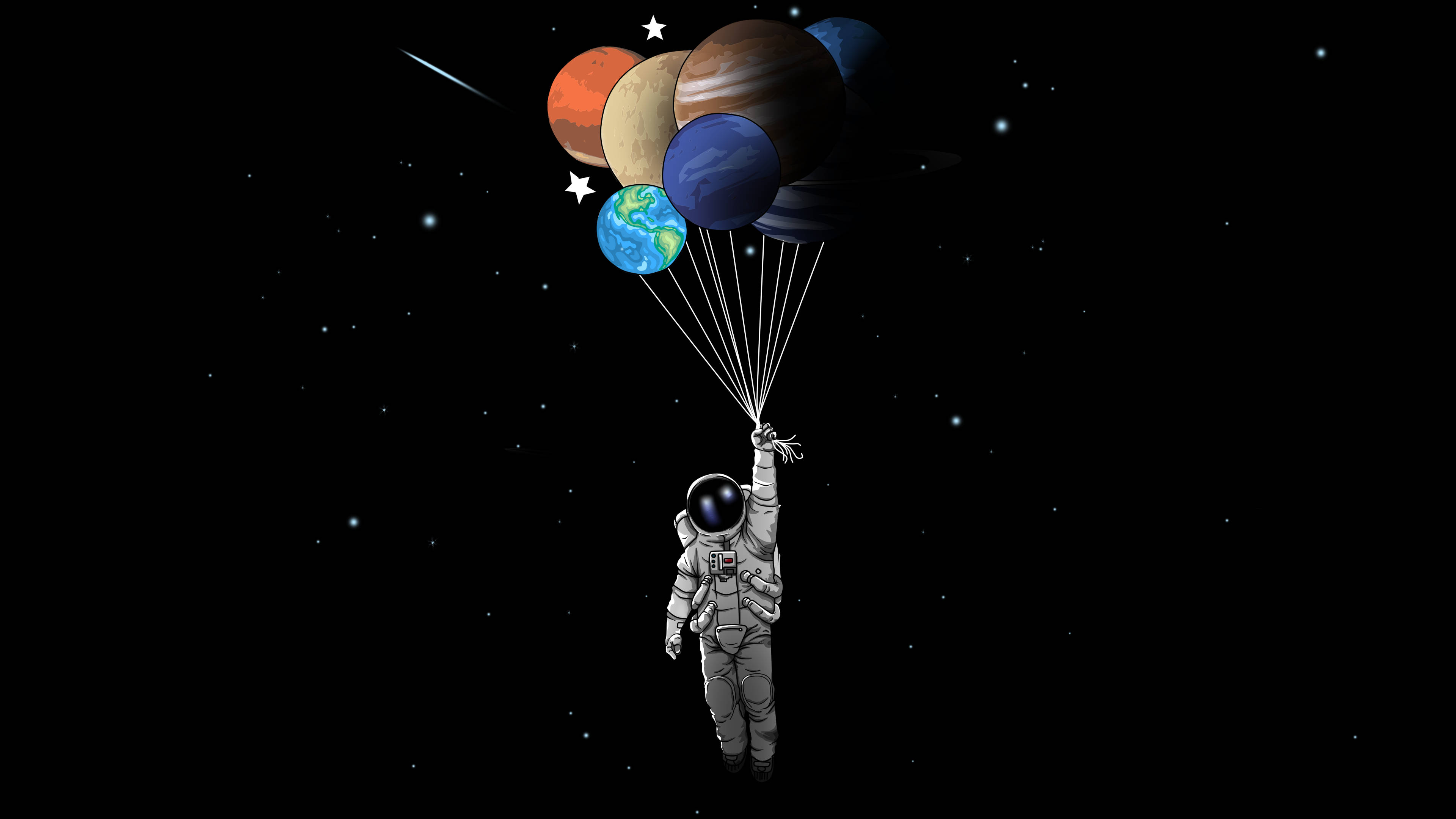 4K Astronaut, planet balloons, starry void, 4K Desktop Wallpaper