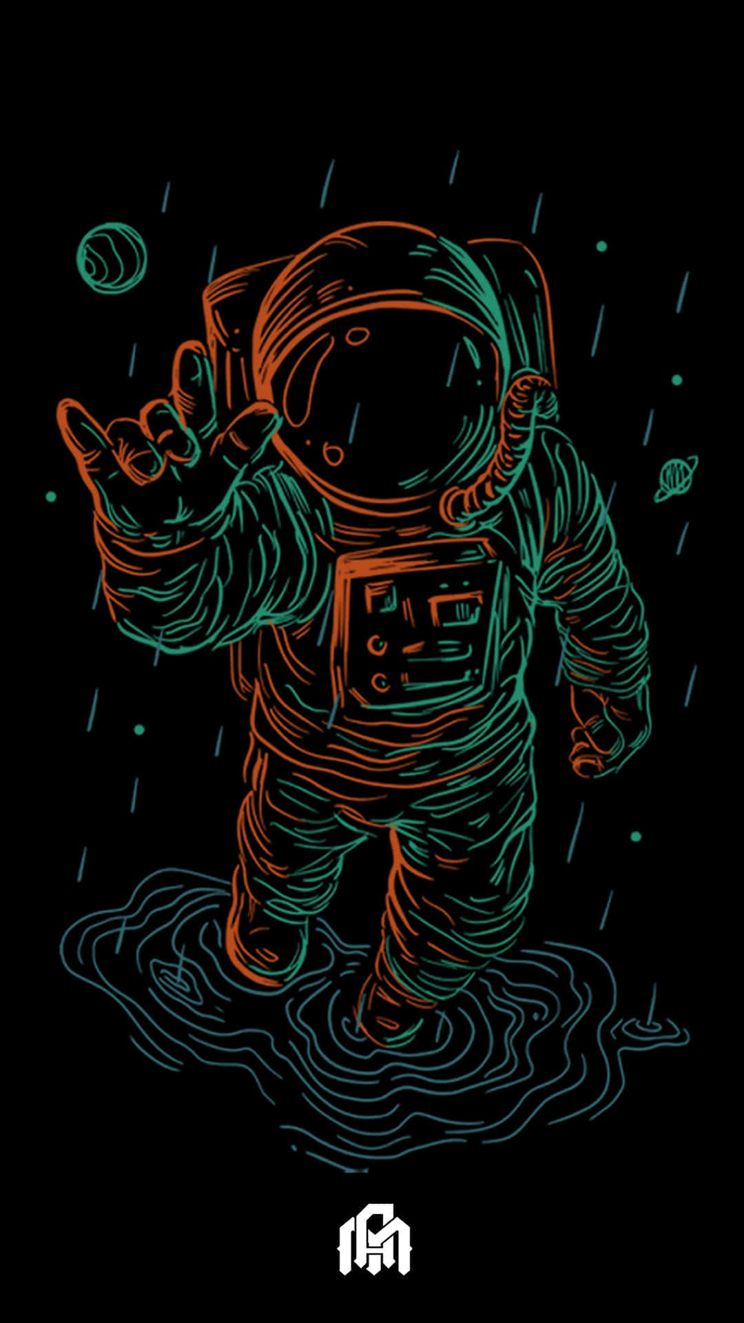 Astronaut, glowing orange and teal suit, cosmic rain, Full HD Phone Wallpaper