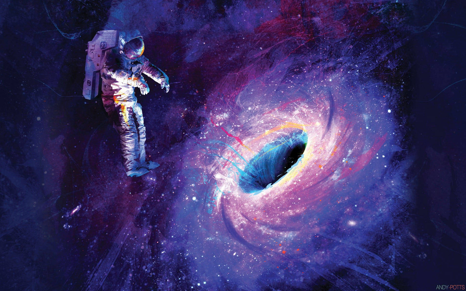 4K Black Hole Astronaut Artwork, swirling cosmic vortex, purple blue and pink stars, Full HD Desktop Wallpaper