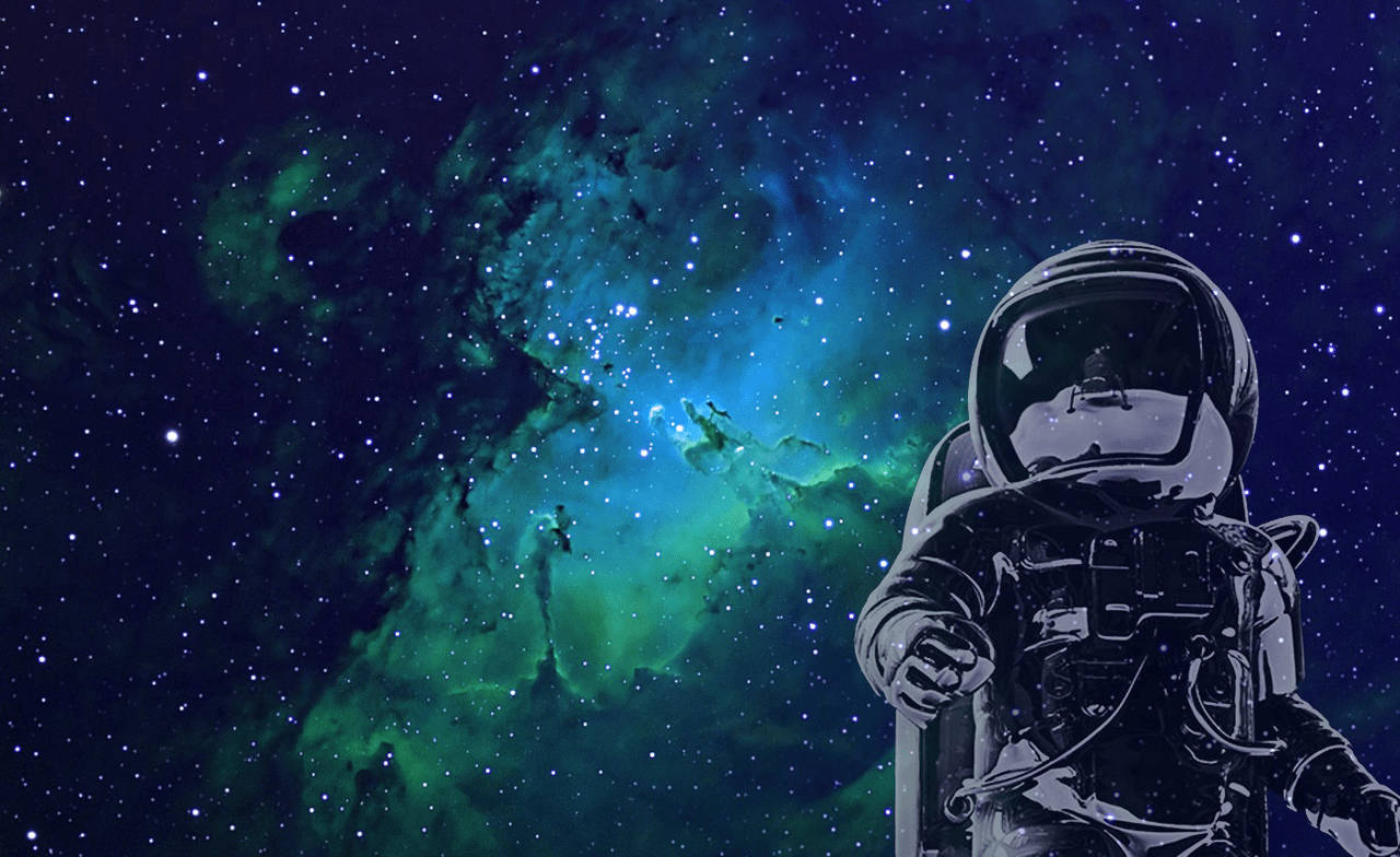 astronaut, vibrant green and blue nebula, sparkling stars, HD Desktop Wallpaper