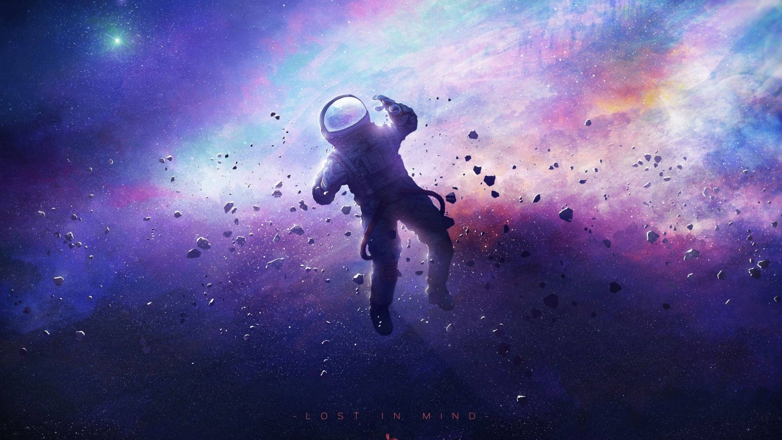 Astronaut, cosmic nebula, floating asteroids, 2K Desktop Wallpaper