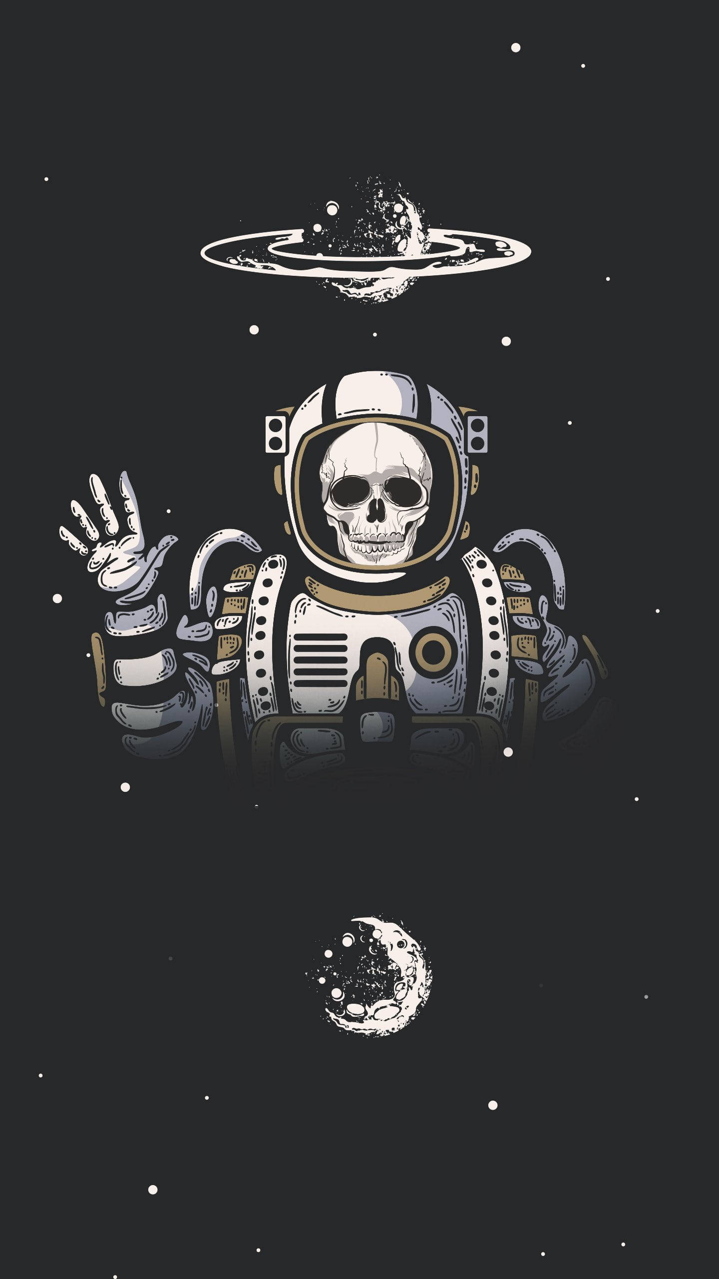 space astronaut skeleton, skull-headed astronaut, ringed planet, 2K Phone Wallpaper