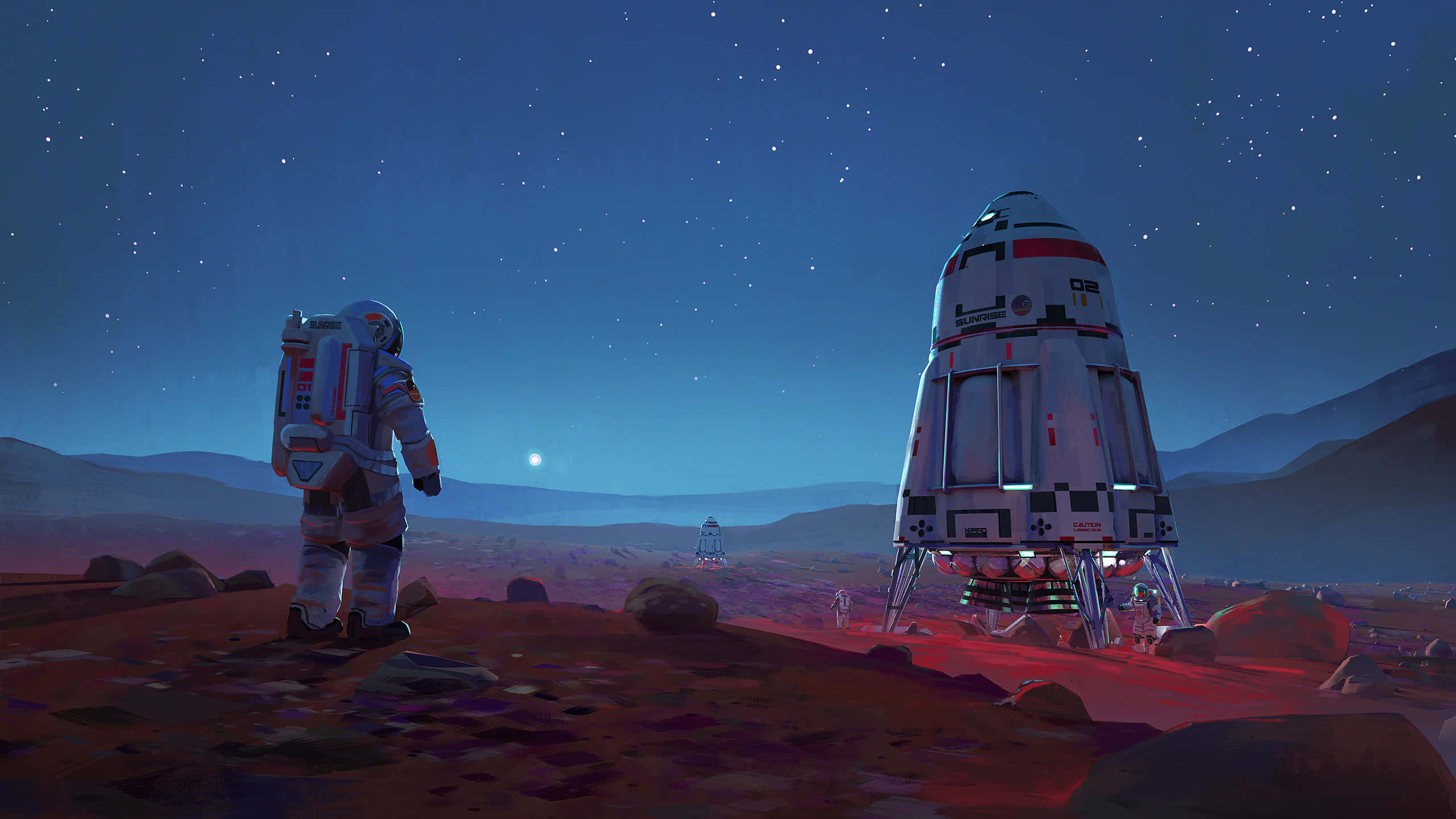 Astronaut, red alien planet, landed spacecraft, 2K Desktop Wallpaper